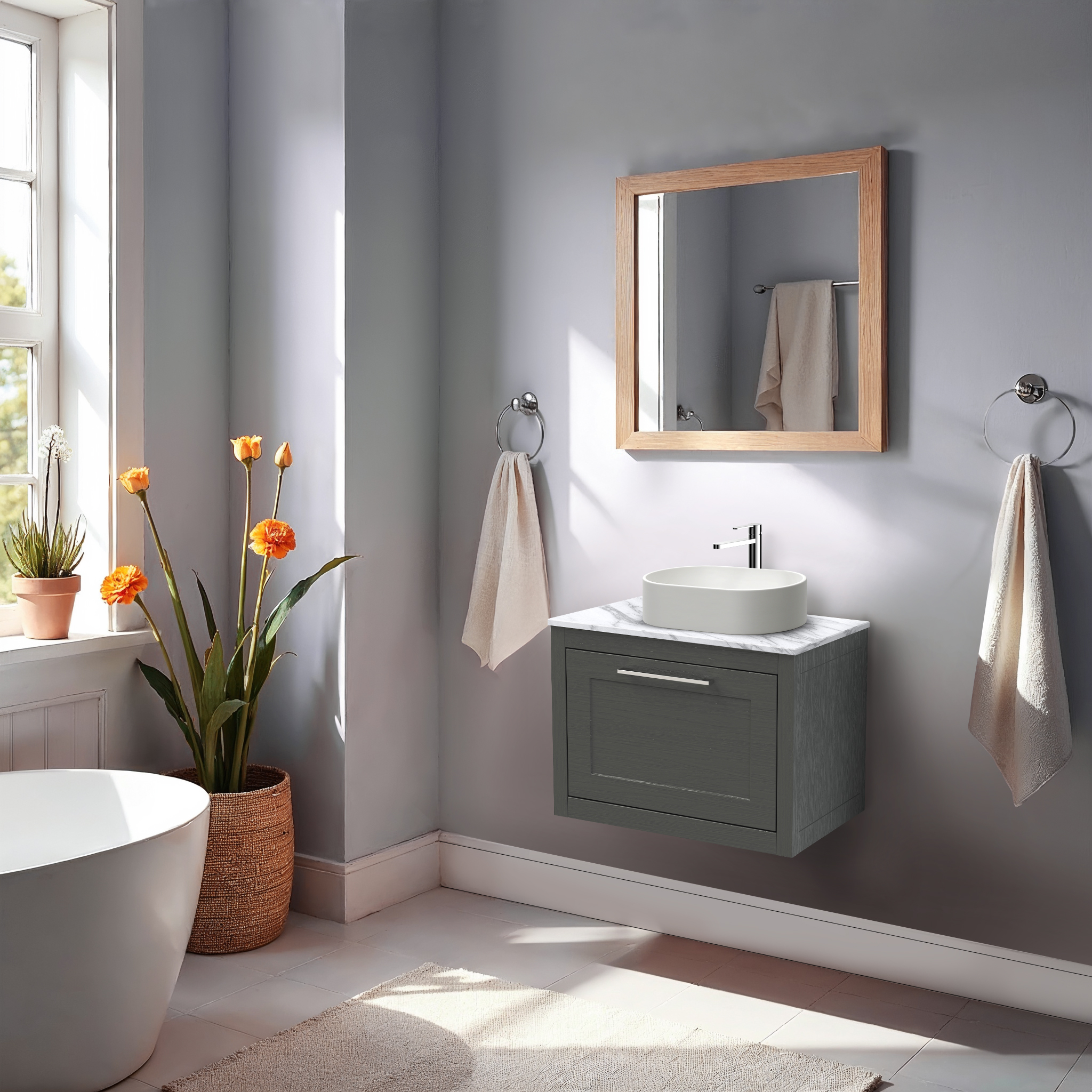 Wall-Hung Vanity in Dark Grey Woodgrain