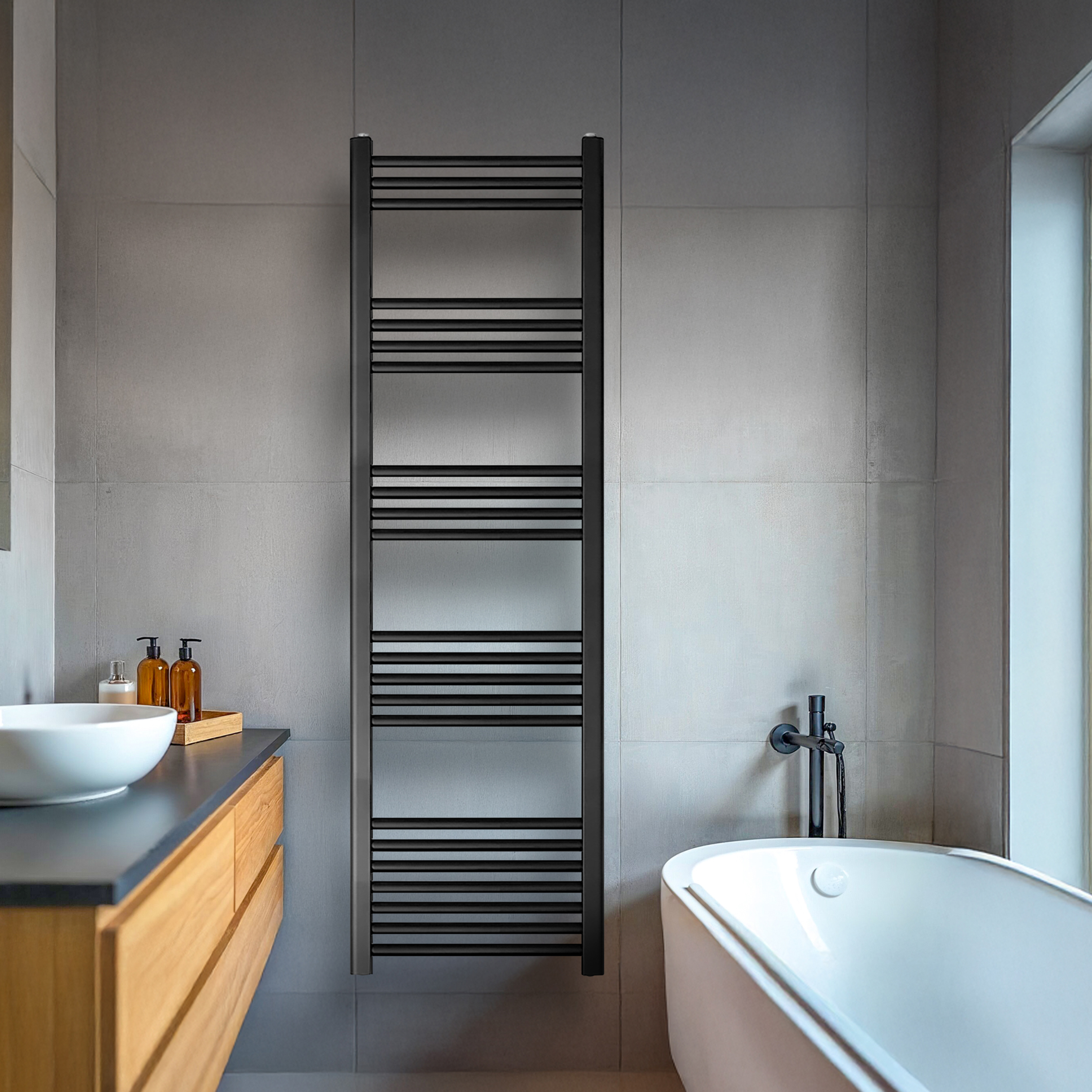 Black Heated Towel Rail in Bathroom