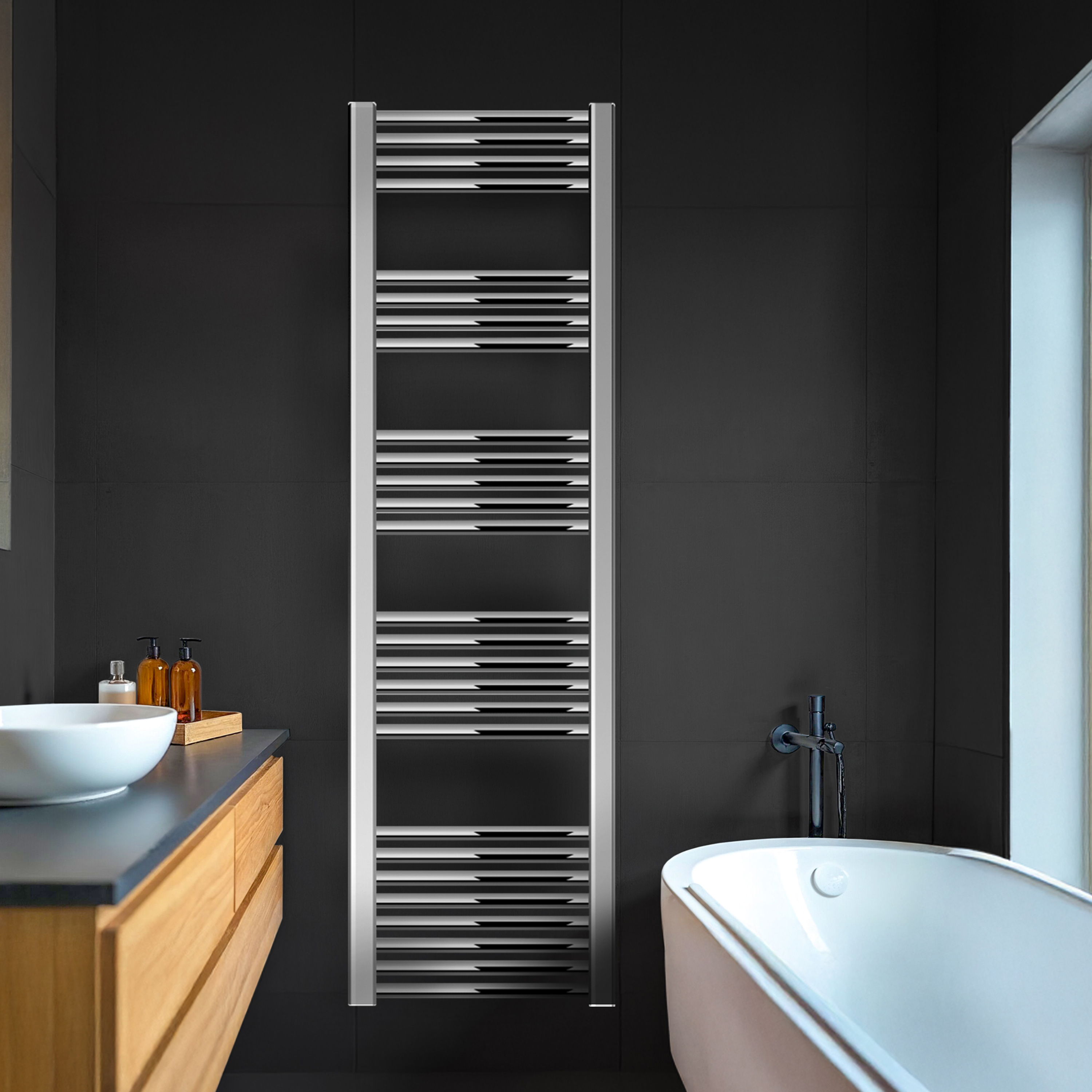 Nickel Heated Towel Rail in Bathroom
