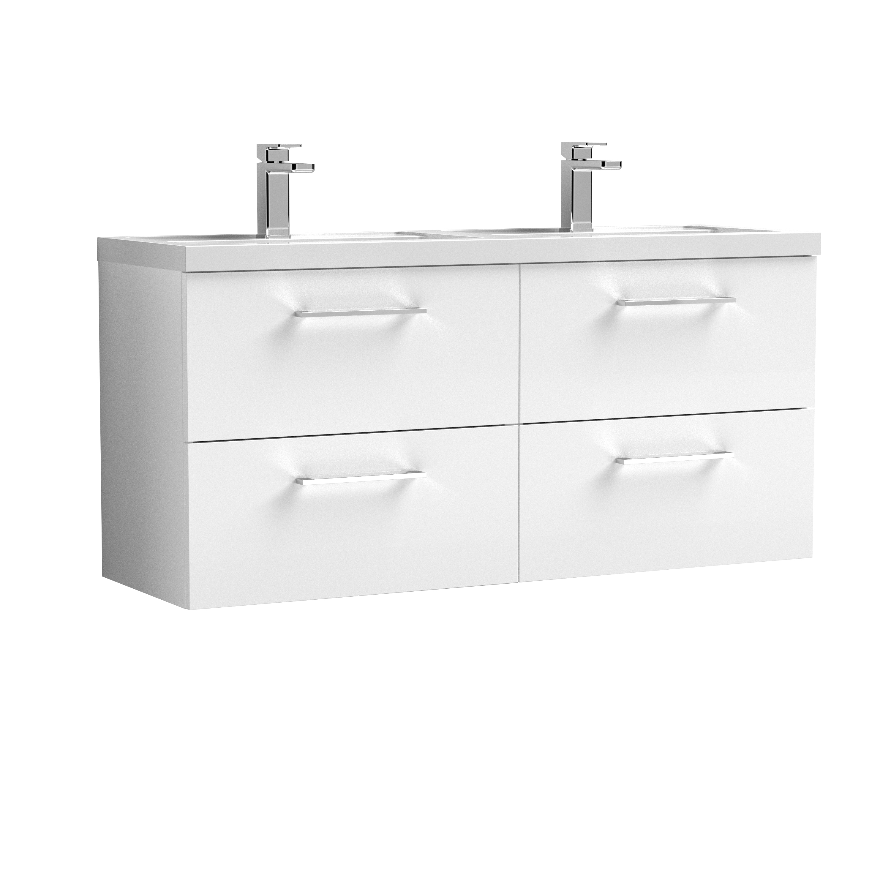 Nuie Arno Gloss White 1200mm Wall Hung 4 Drawer Vanity Unit and Double Basin ARN124C
