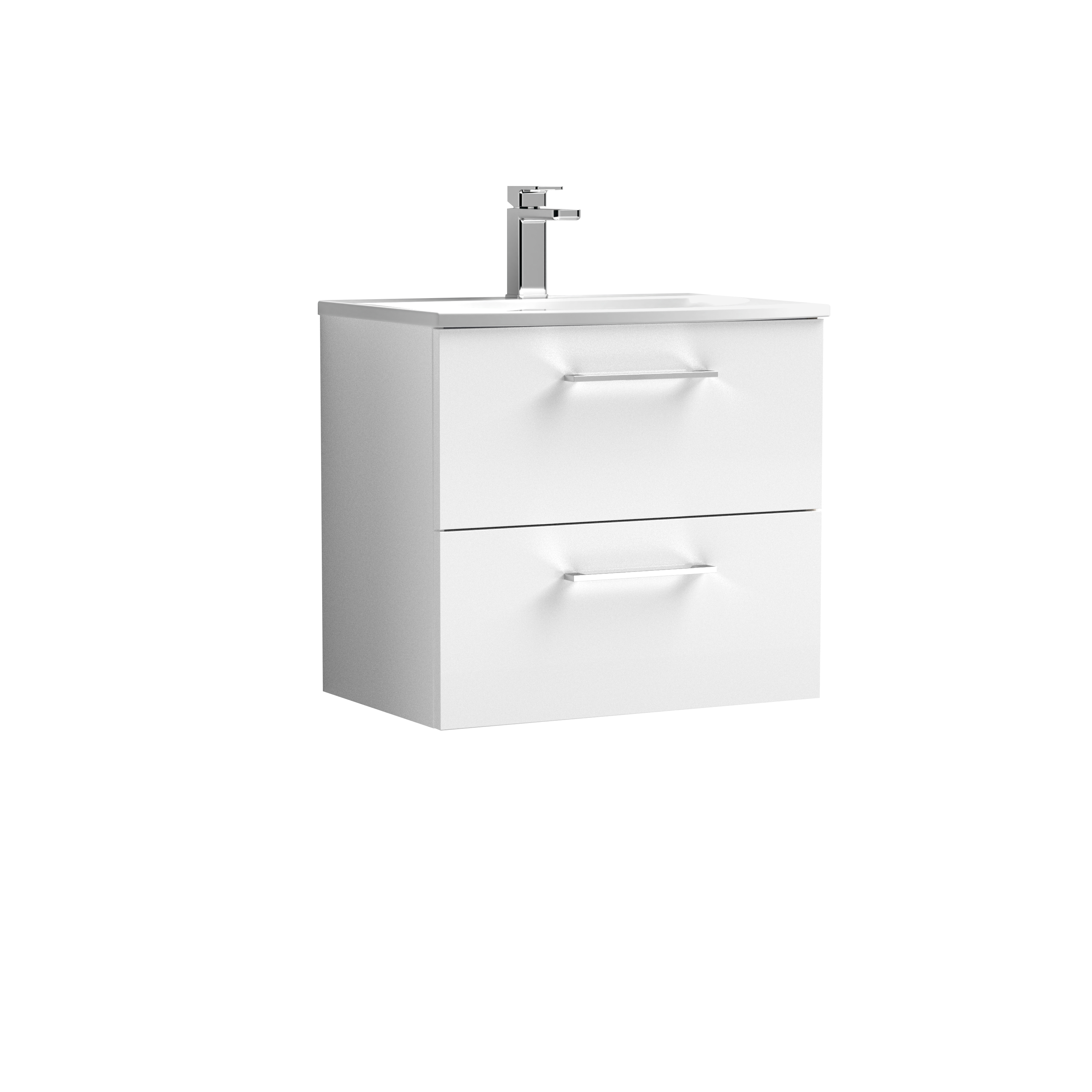 Nuie Arno Gloss White 600mm Wall Hung 2 Drawer Vanity Unit and Curved Basin ARN124G