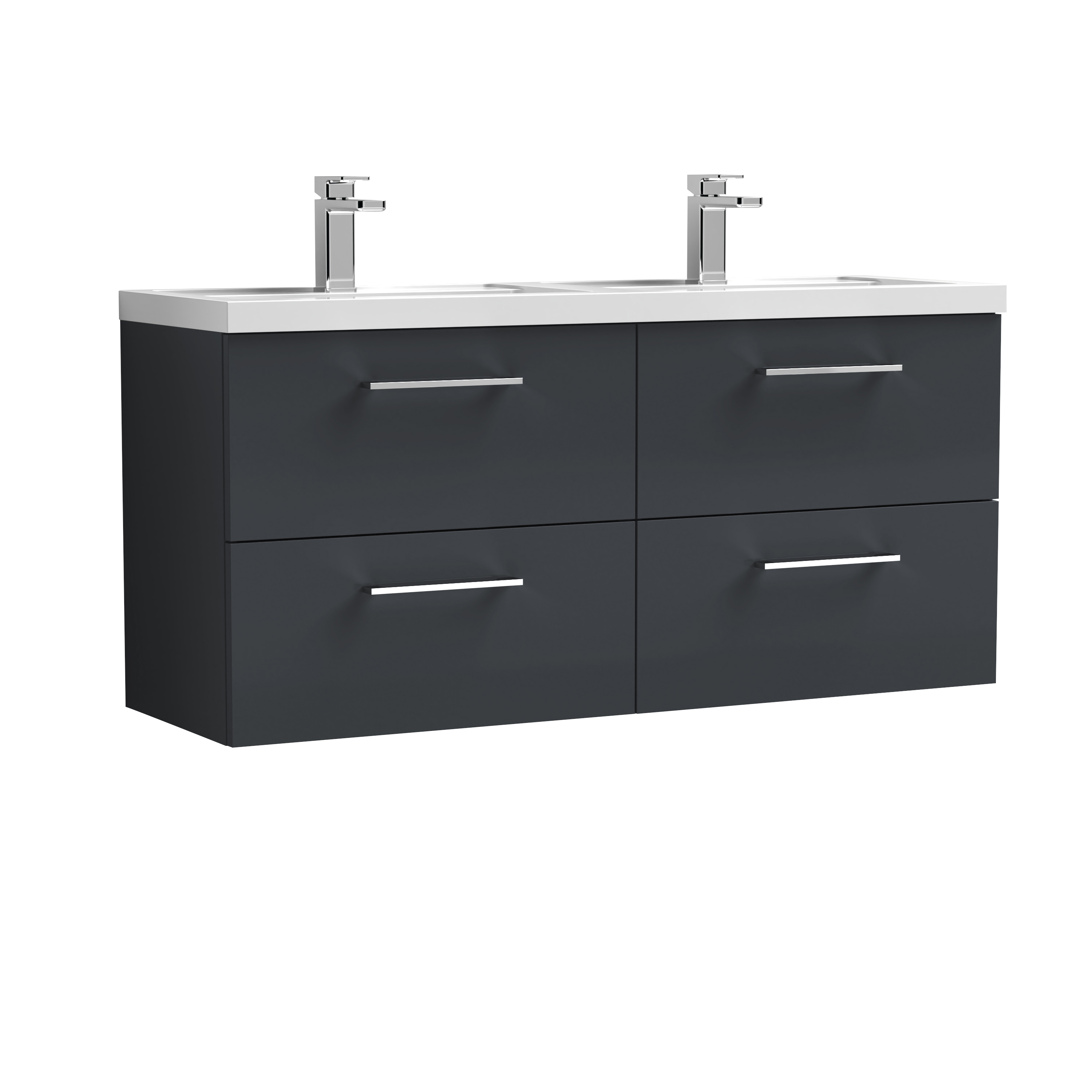 Nuie Arno Soft Black 1200mm Wall Hung 4 Drawer Vanity Unit and Double Basin ARN1424C