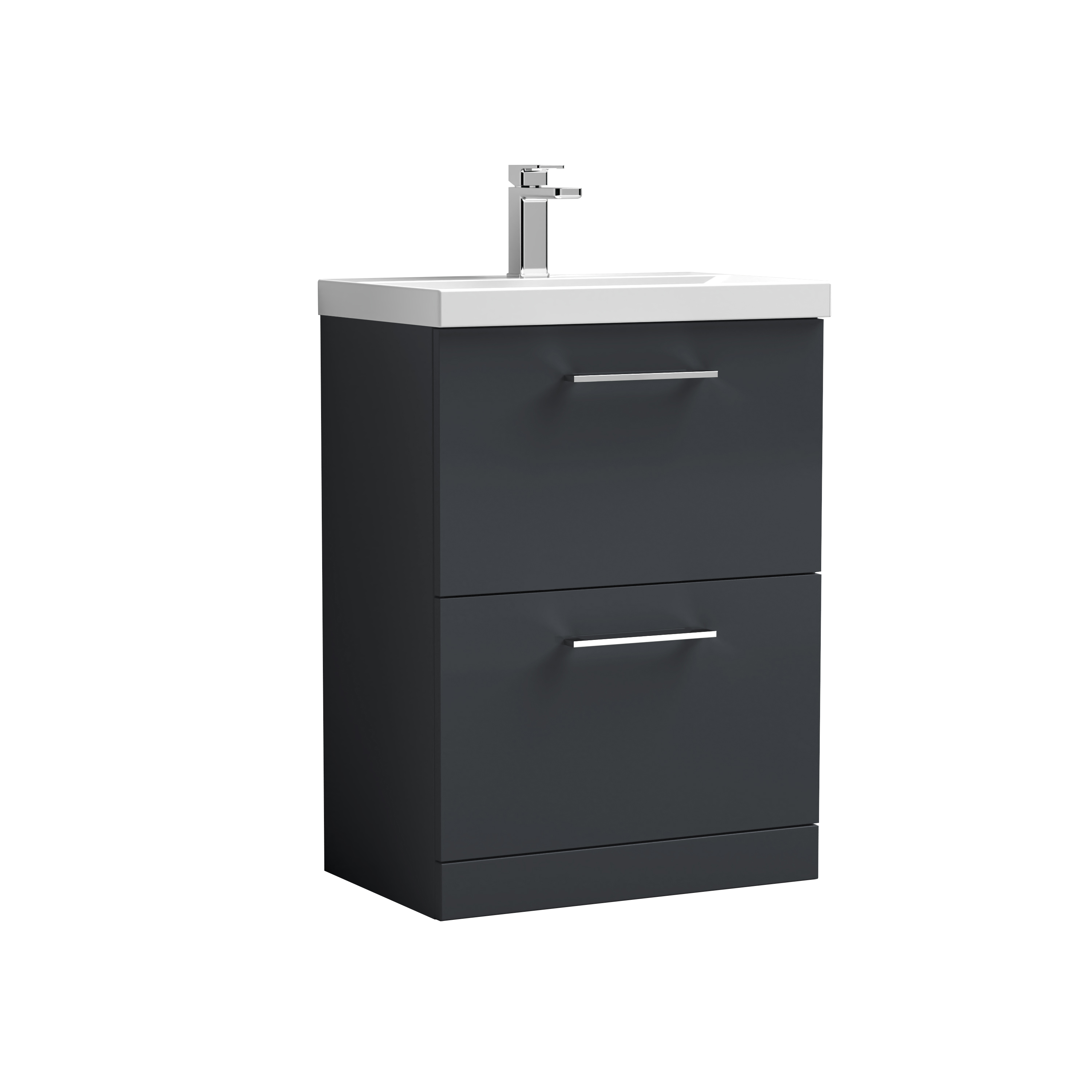 Nuie Arno Soft Black 600mm Floor Standing 2 Drawer Vanity Unit and Mid Edge Basin ARN1433A