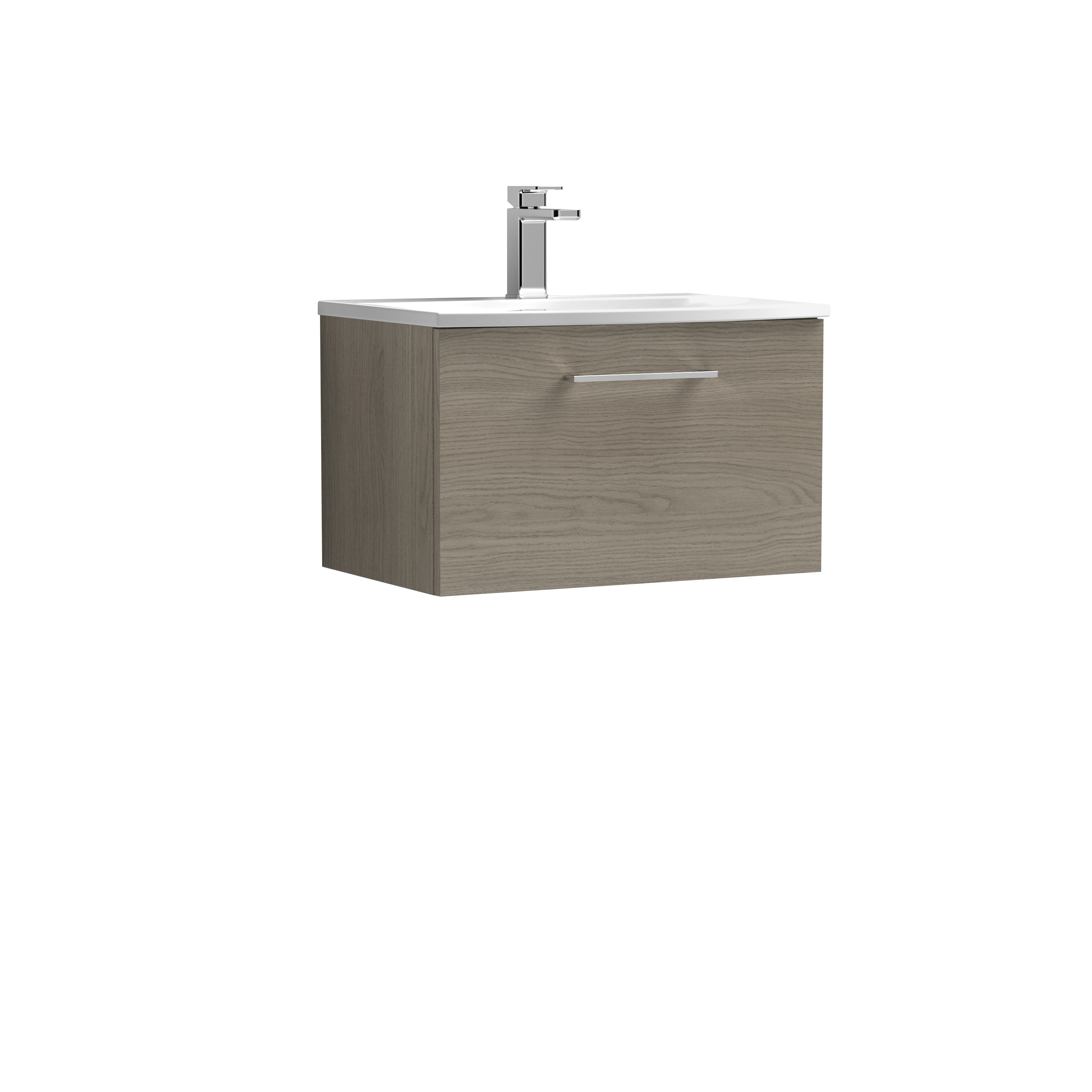 Nuie Arno Solace Oak 600mm Wall Hung 1 Drawer Vanity Unit and Curved Basin ARN2522G