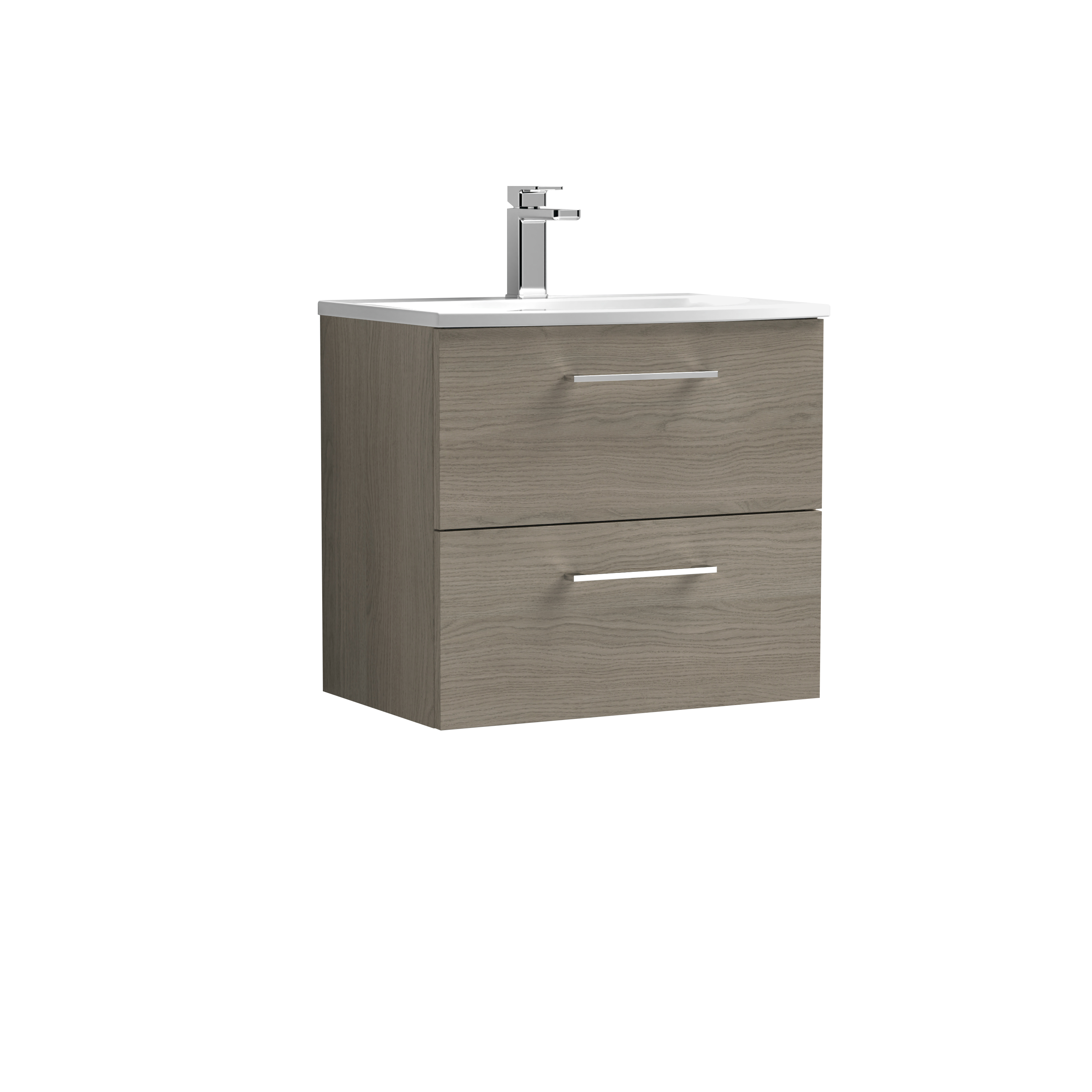 Nuie Arno Solace Oak 600mm Wall Hung 2 Drawer Vanity Unit and Curved Basin ARN2524G