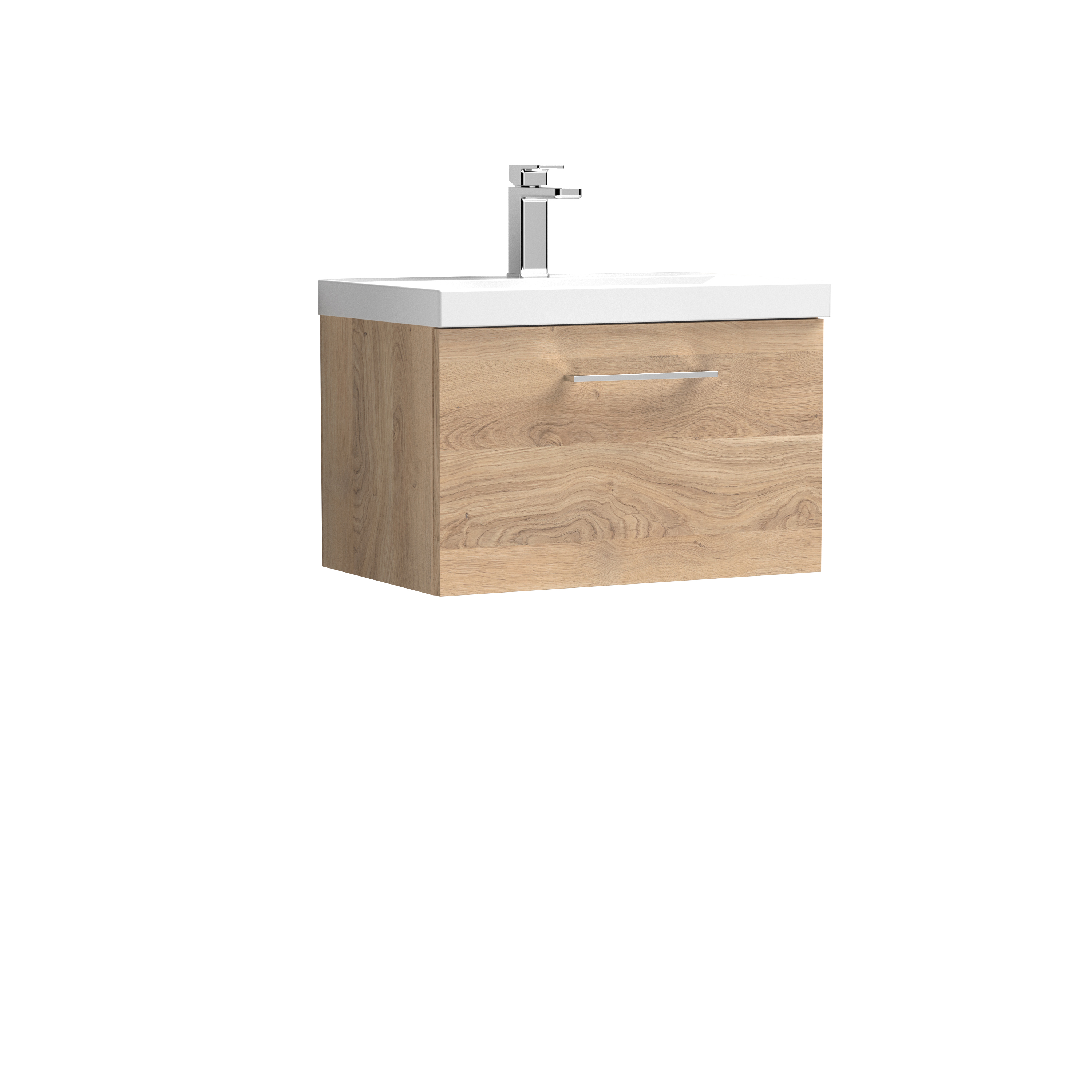 Nuie Arno Bleached Oak 600mm Wall Hung 1 Drawer Vanity Unit and Mid Edge Basin ARN3022A