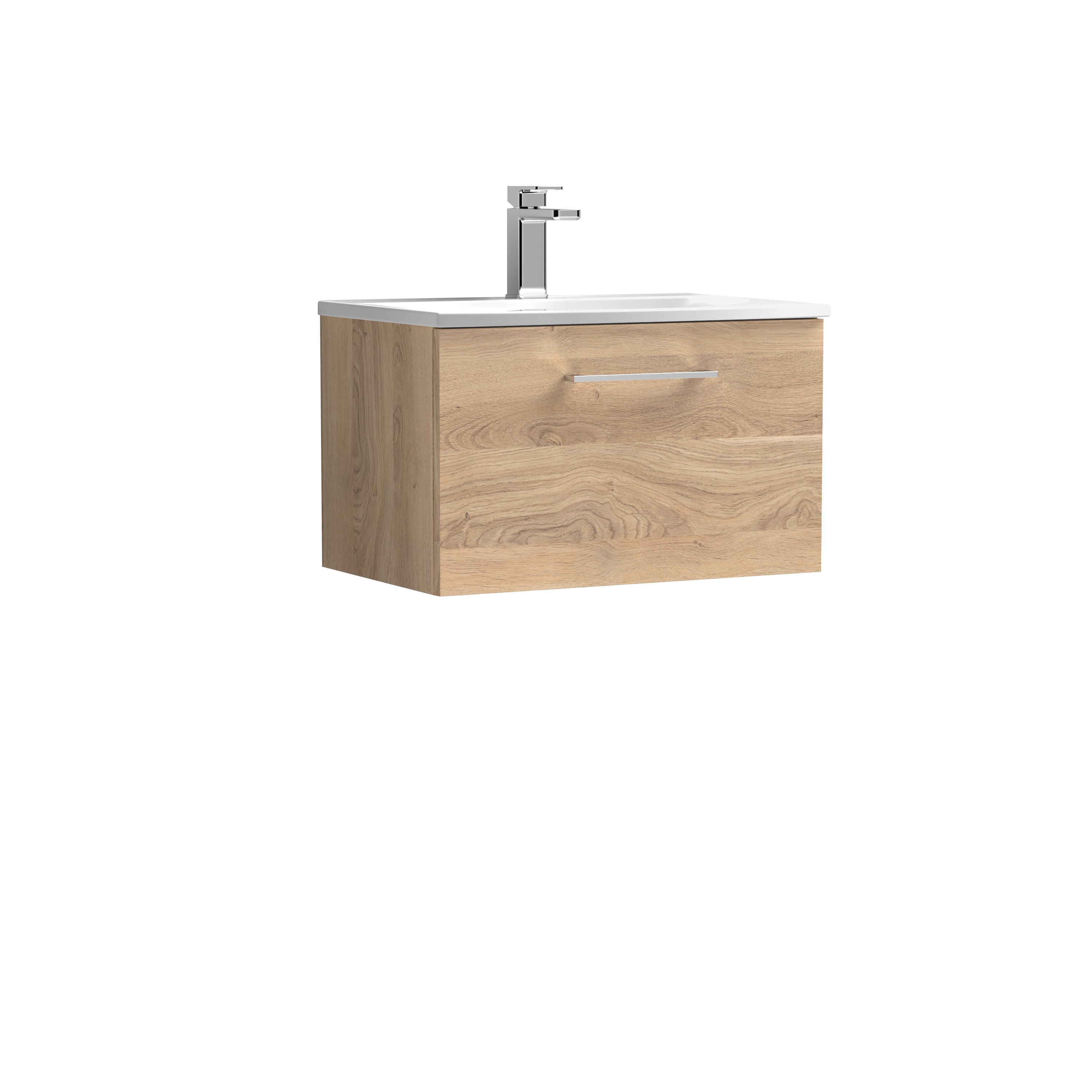 Nuie Arno Bleached Oak 600mm Wall Hung 1 Drawer Vanity Unit and Curved Basin ARN3022G
