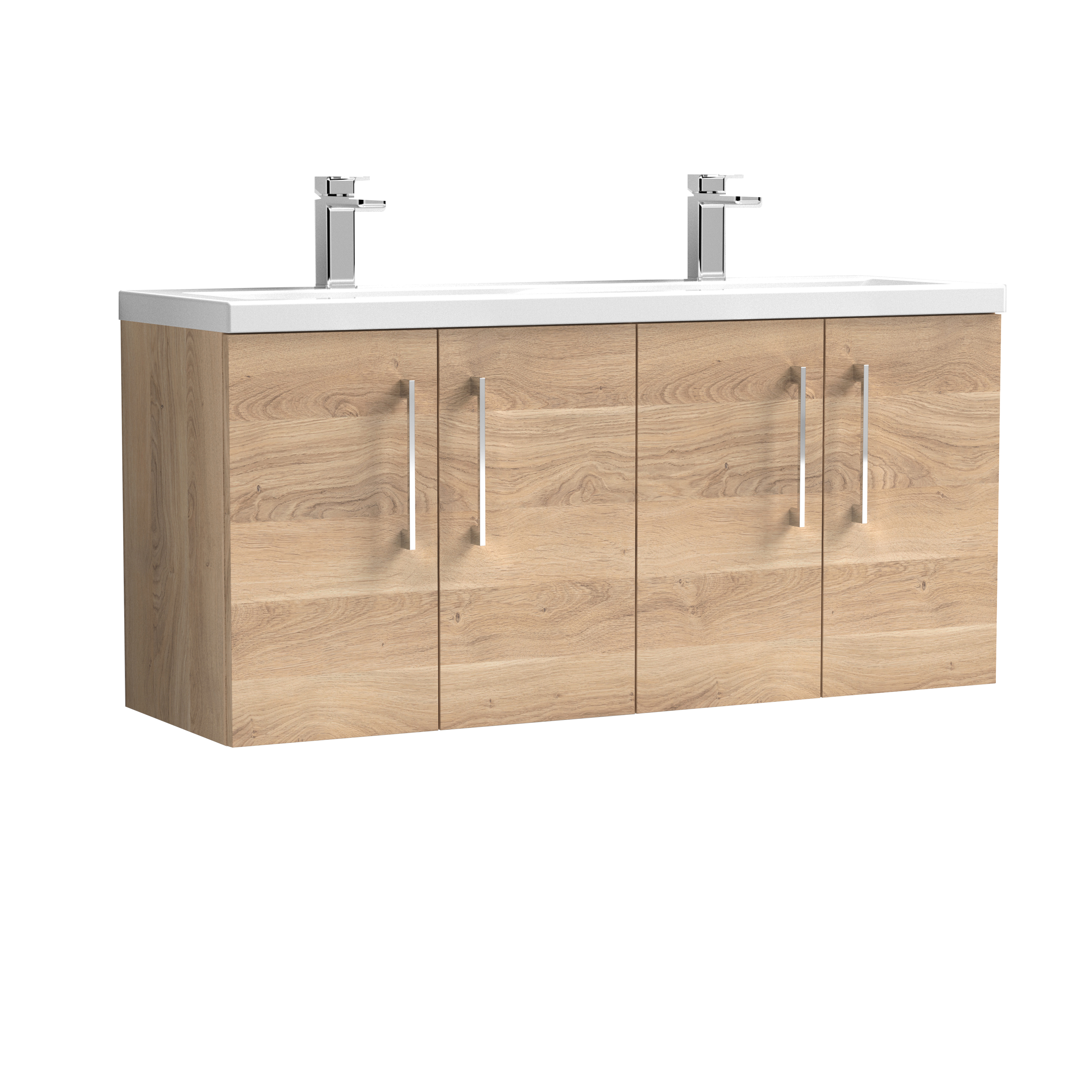 Nuie Arno Bleached Oak 1200mm Wall Hung 4 Door Vanity Unit and Double Basin ARN3023F