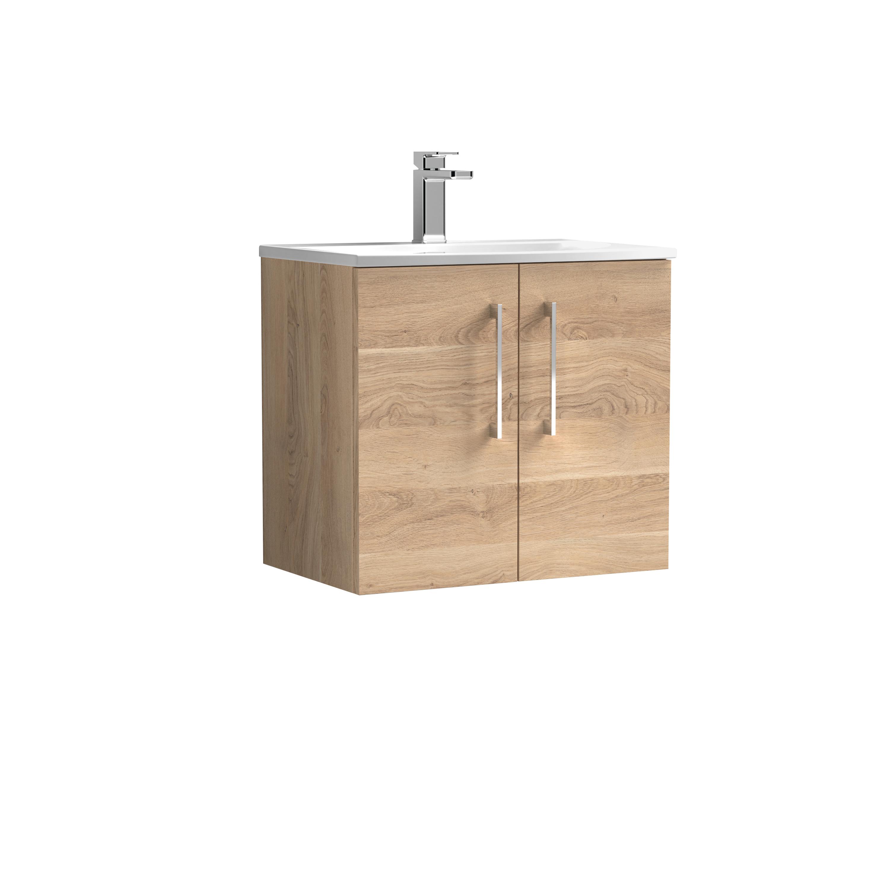 Nuie Arno Bleached Oak 600mm Wall Hung 2 Door Vanity Unit and Curved Basin ARN3023G