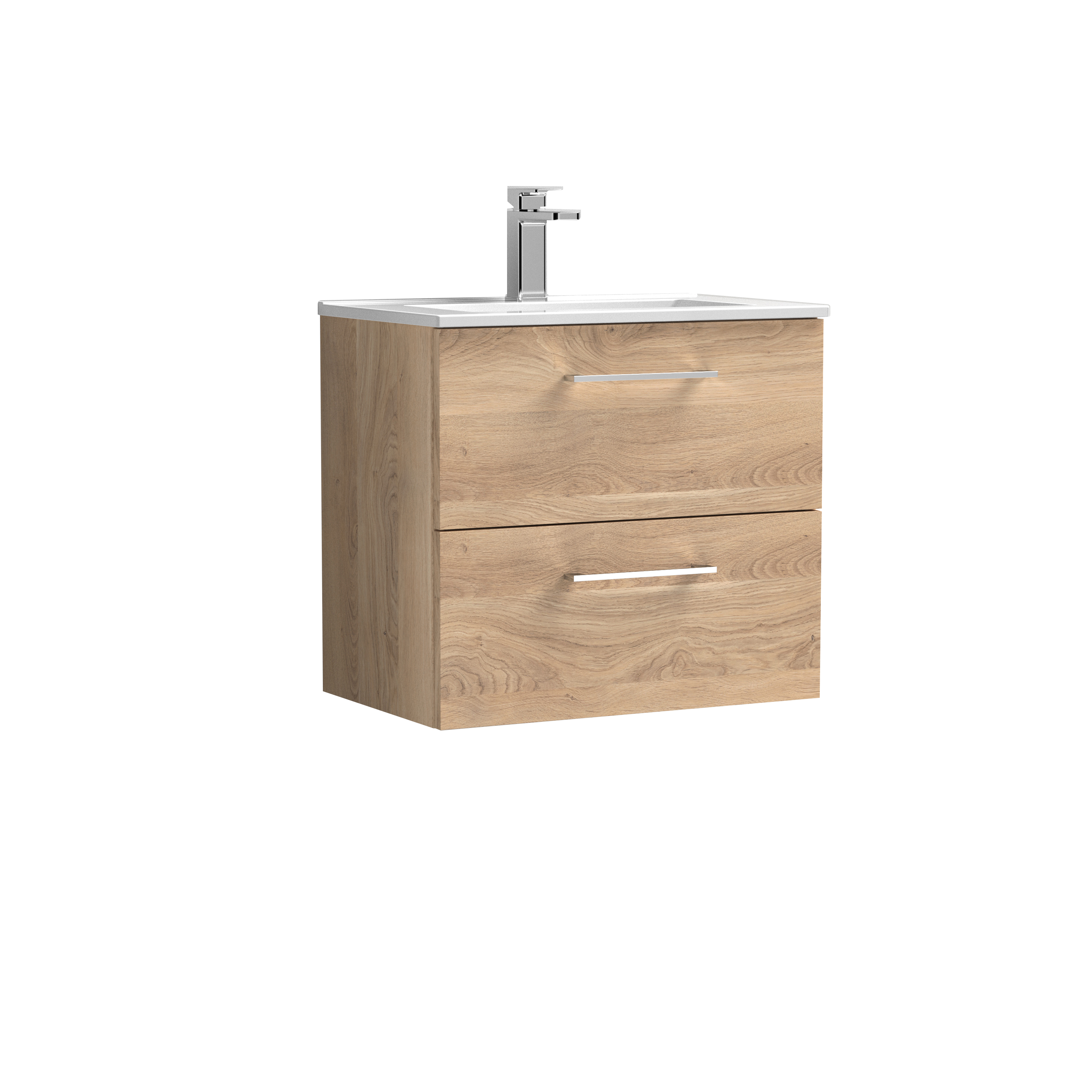 Nuie Arno Bleached Oak 600mm Wall Hung 2 Drawer Vanity Unit and Minimalist Basin ARN3024B