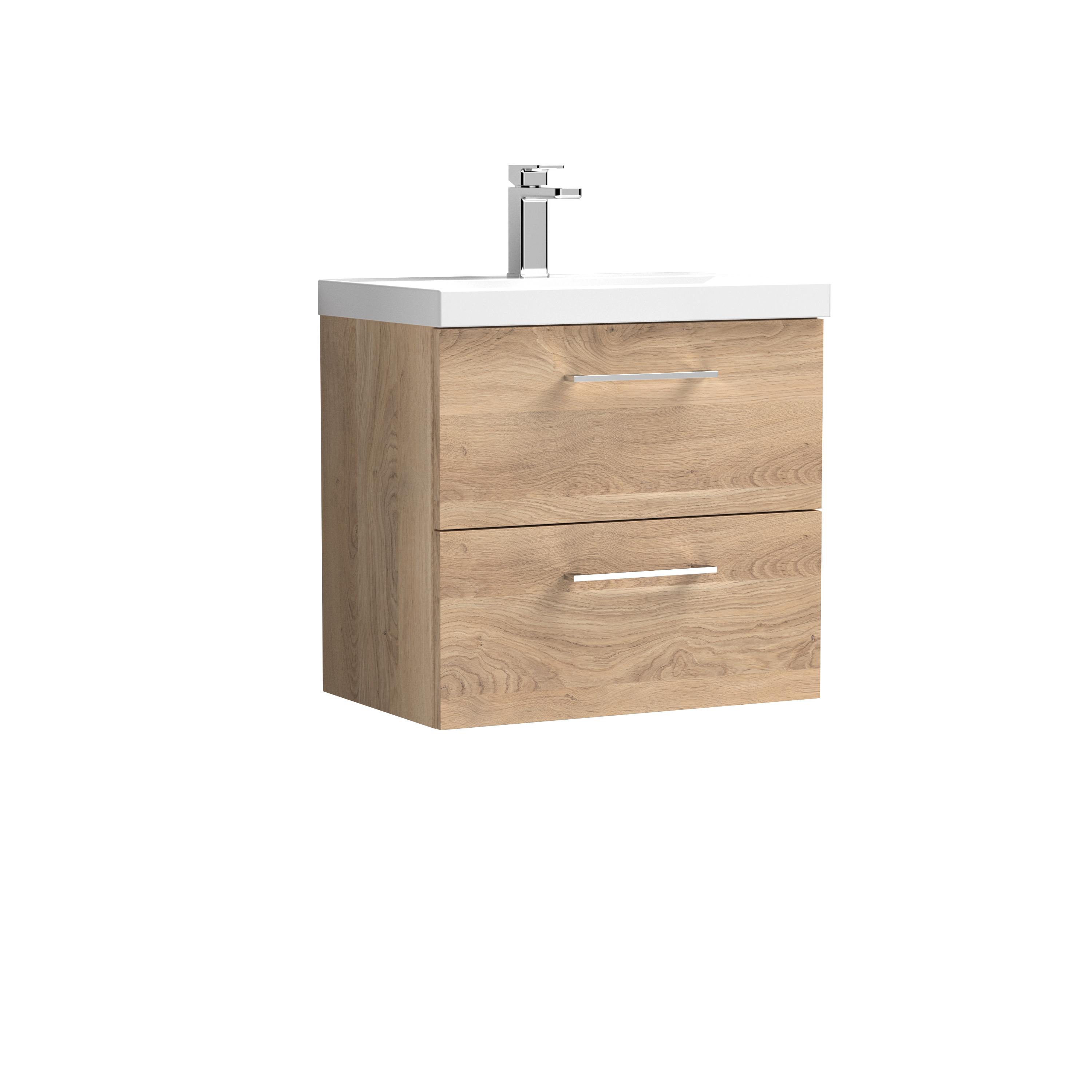Nuie Arno Bleached Oak 600mm Wall Hung 2 Drawer Vanity Unit and Thin Edge Basin ARN3024D