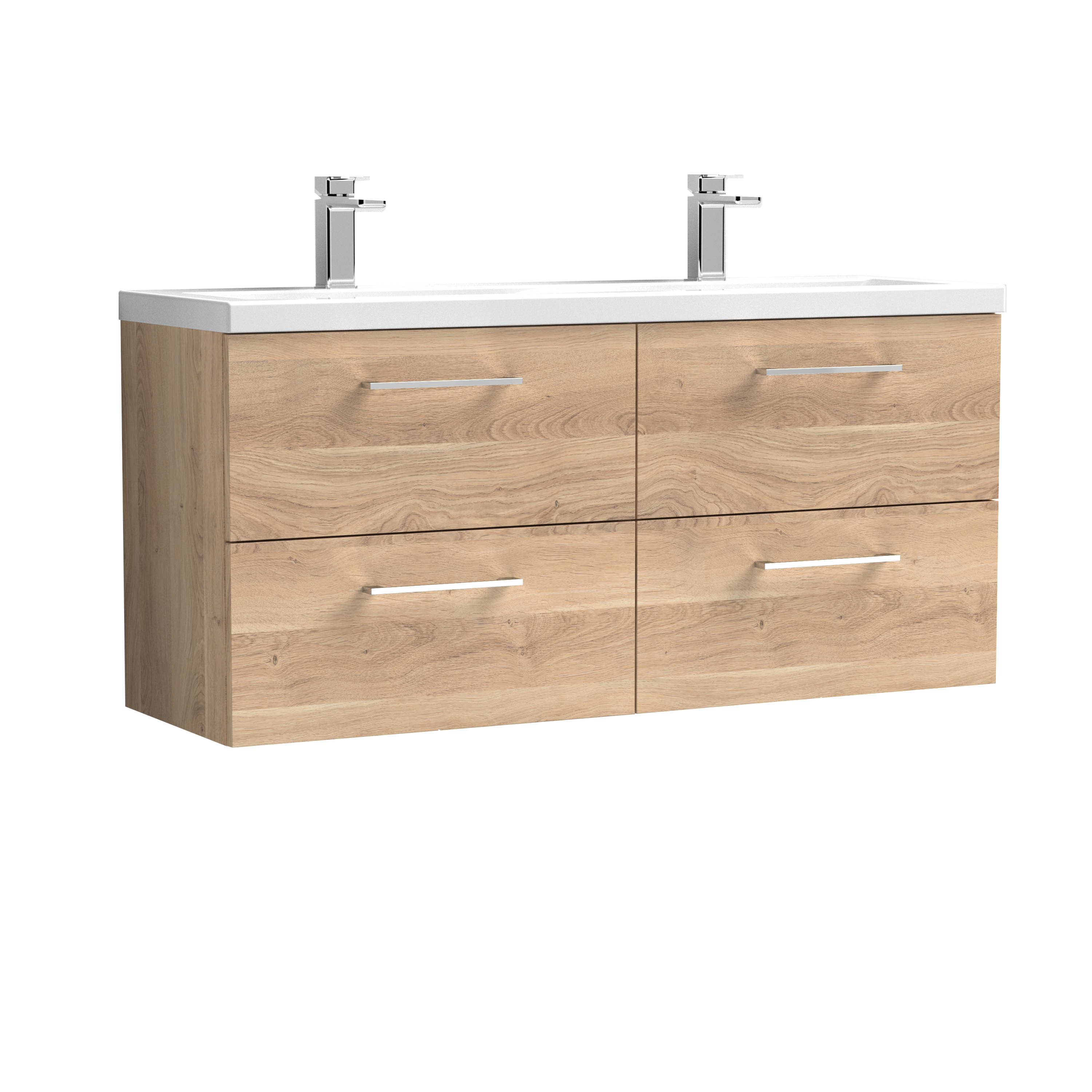 Nuie Arno Bleached Oak 1200mm Wall Hung 4 Drawer Vanity Unit and Double Basin ARN3024F