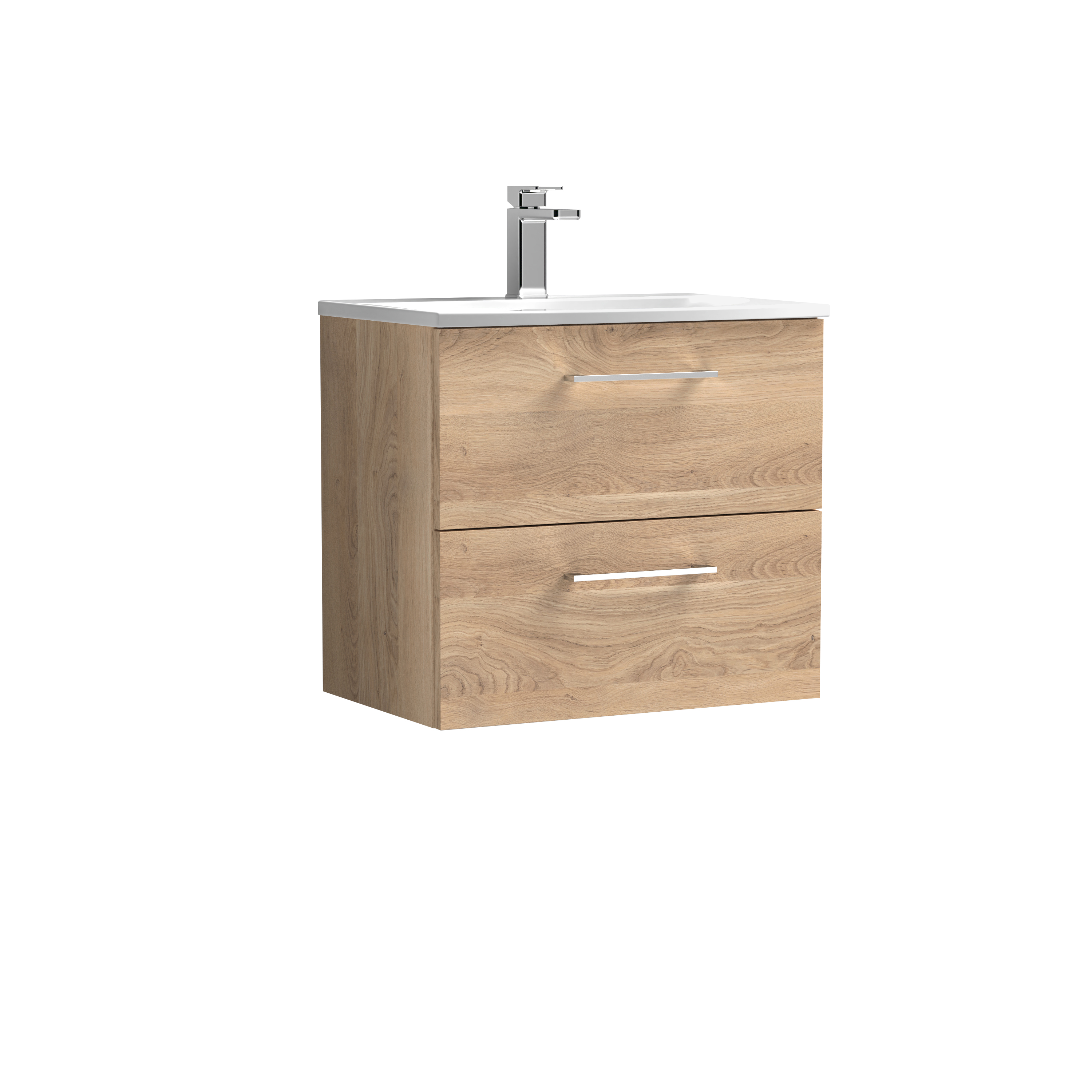 Nuie Arno Bleached Oak 600mm Wall Hung 2 Drawer Vanity Unit and Curved Basin ARN3024G