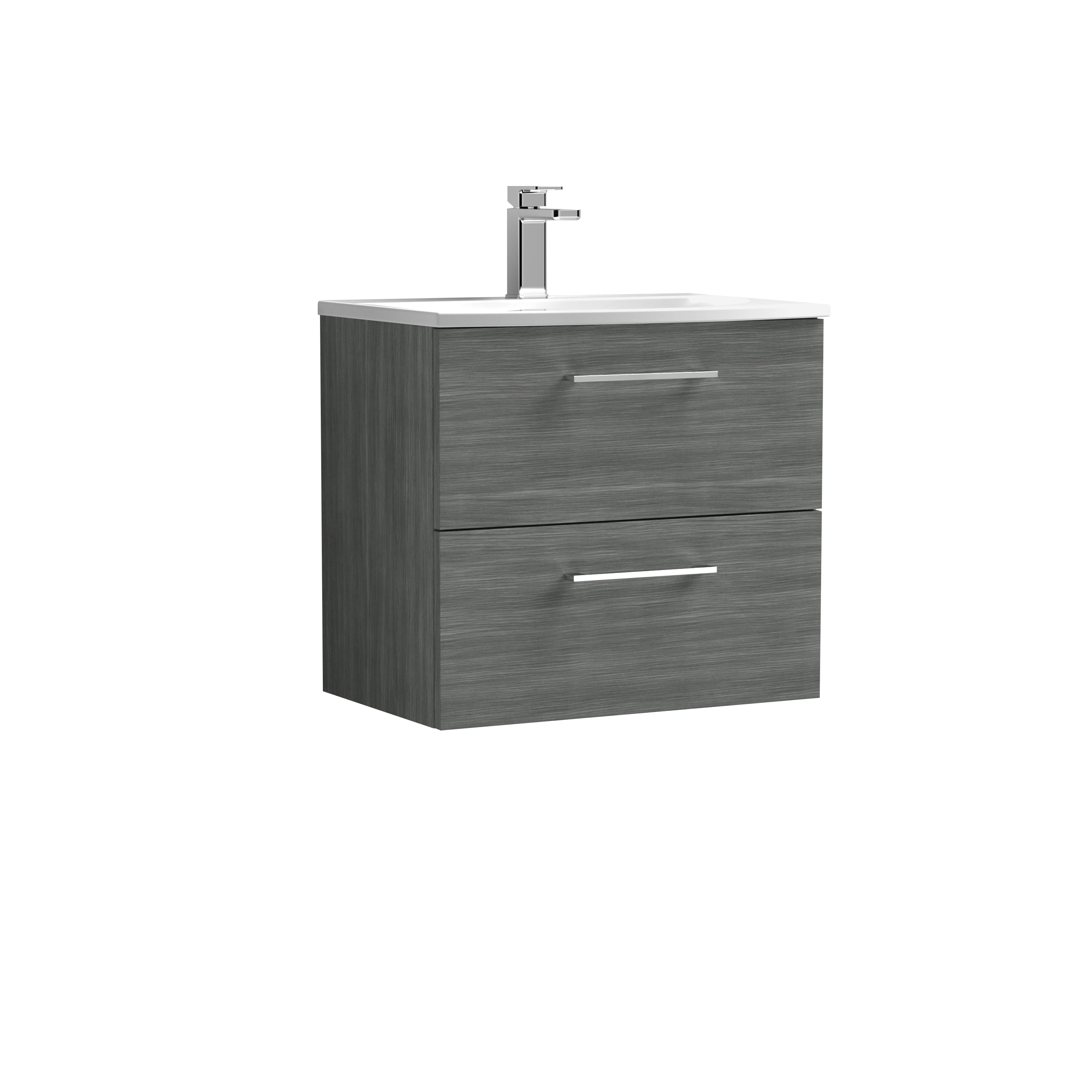 Nuie Arno Anthracite Woodgrain 600mm Wall Hung 2 Drawer Vanity Unit and Curved Basin ARN524G