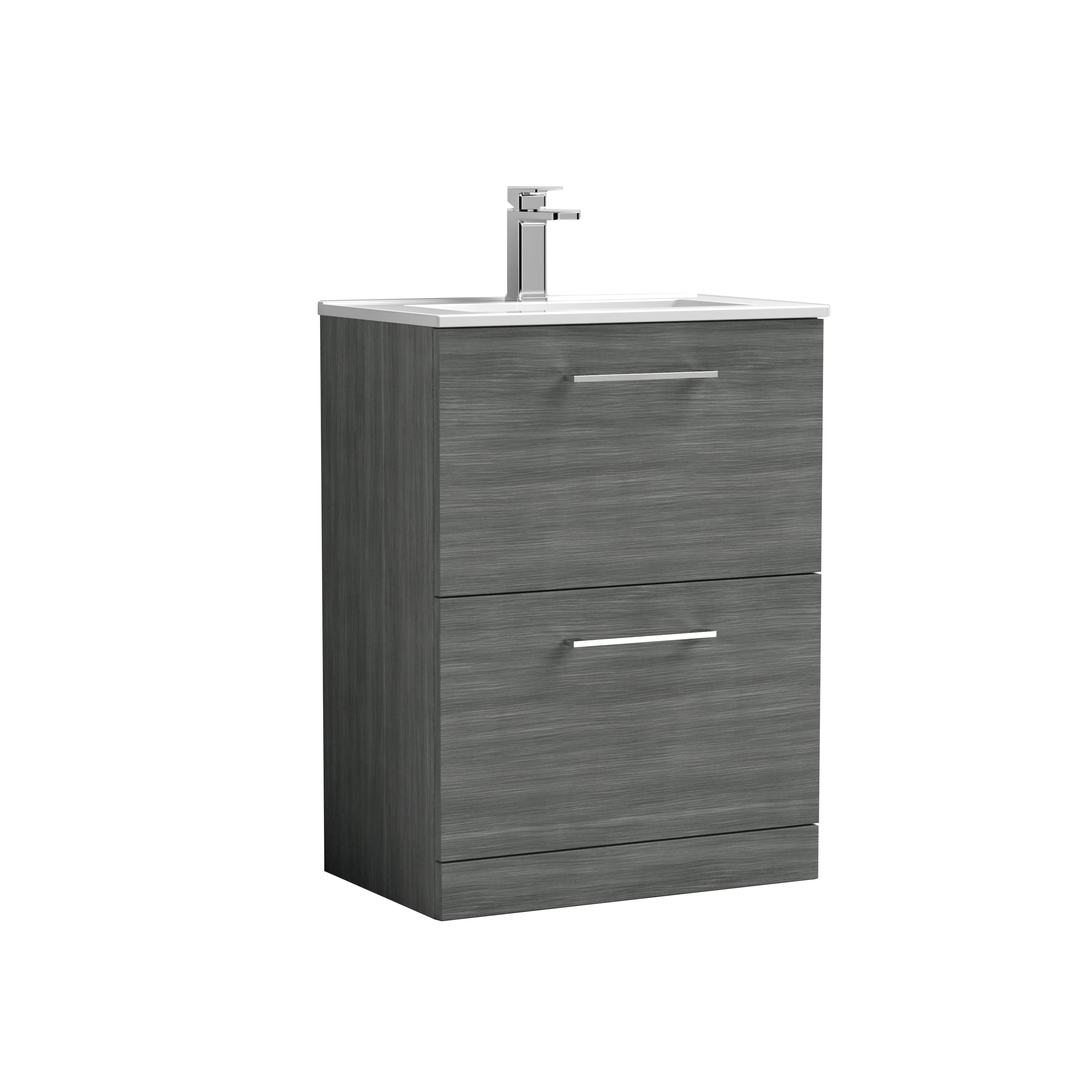Nuie Arno Anthracite Woodgrain 600mm Floor Standing 2 Drawer Vanity Unit and Basin ARN533B