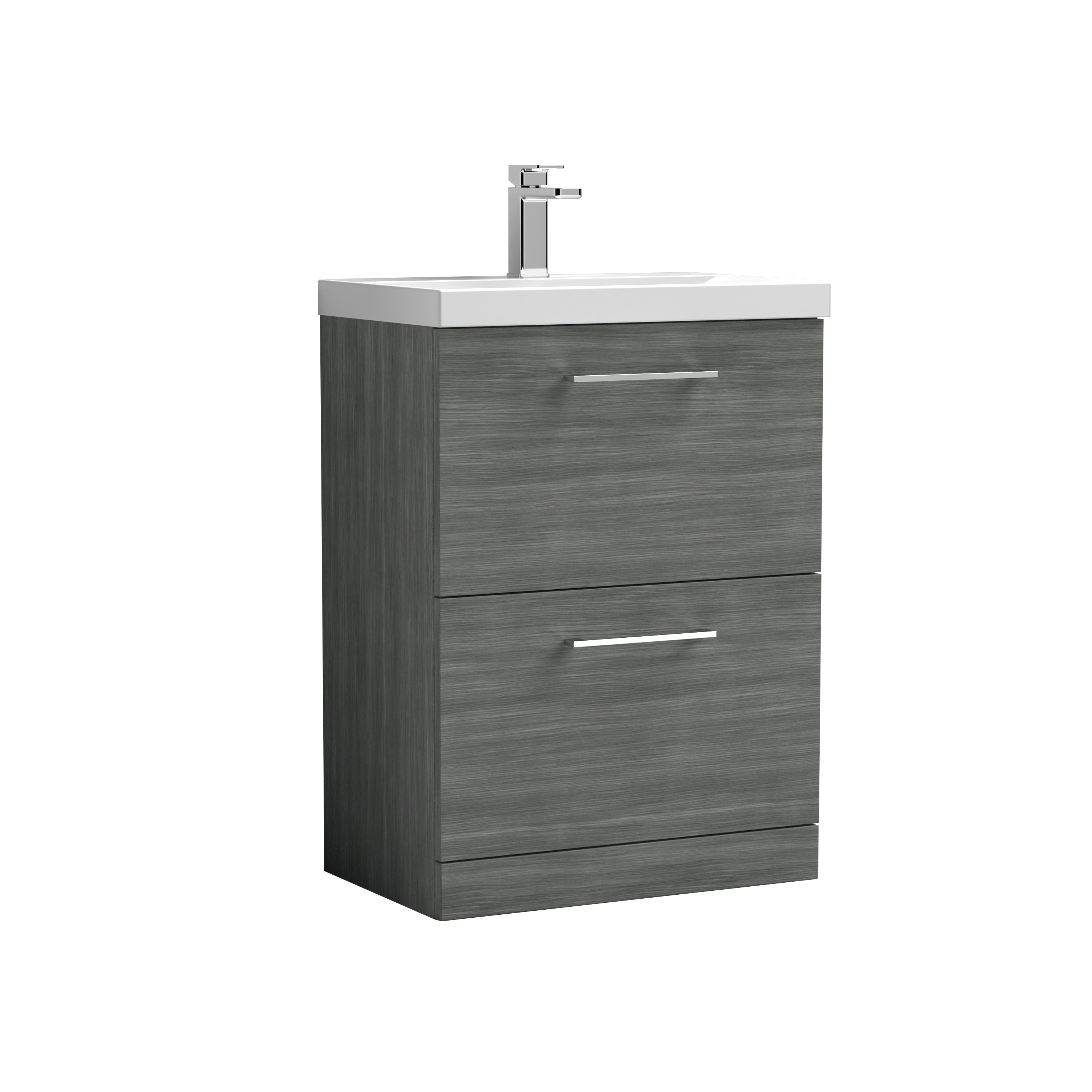 Nuie Arno Anthracite Woodgrain 600mm Floor Standing 2 Drawer Vanity Unit and Thin Edge Basin ARN533D