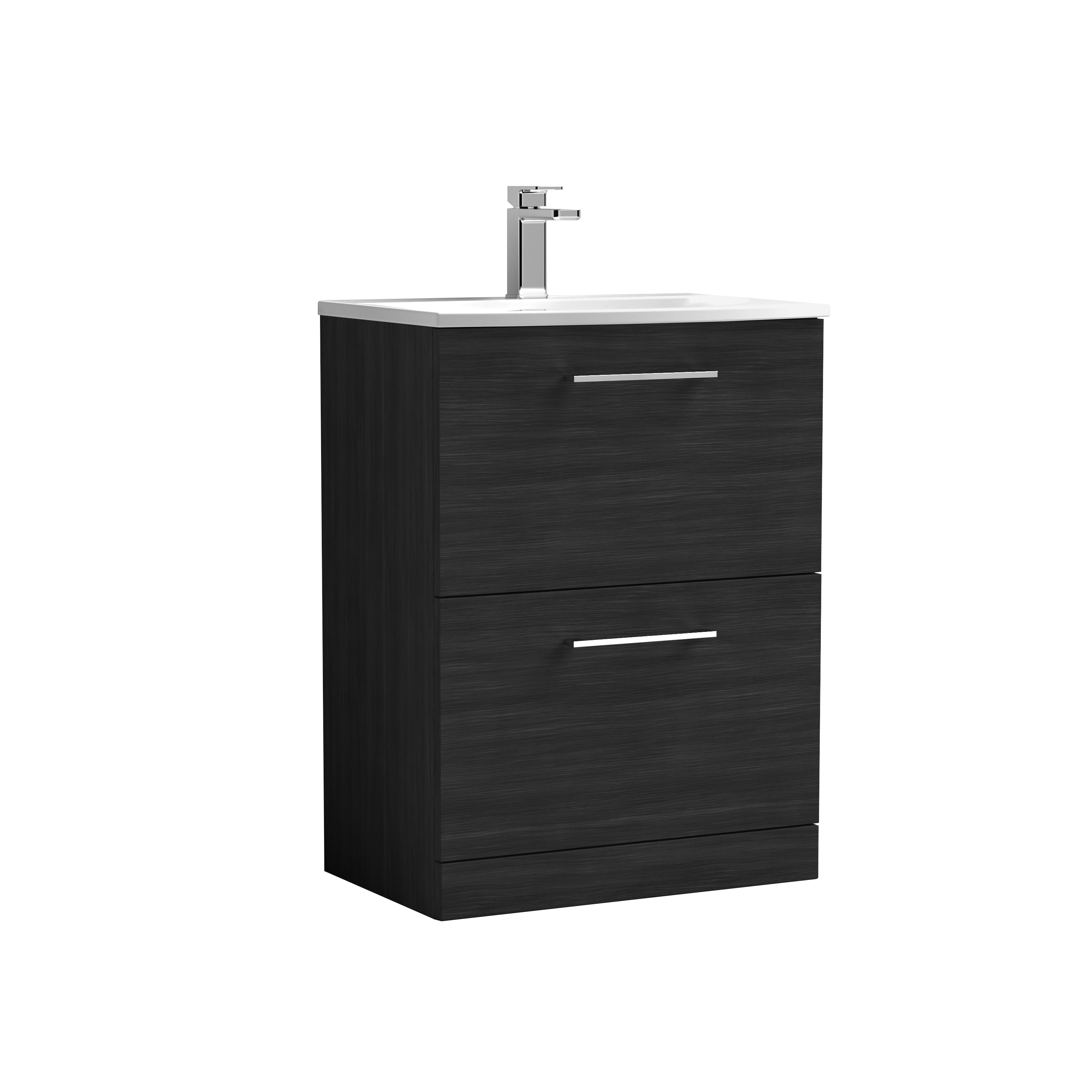 Nuie Arno Charcoal Black 600mm Floor Standing 2 Drawer Vanity Unit and Curved Basin ARN633G
