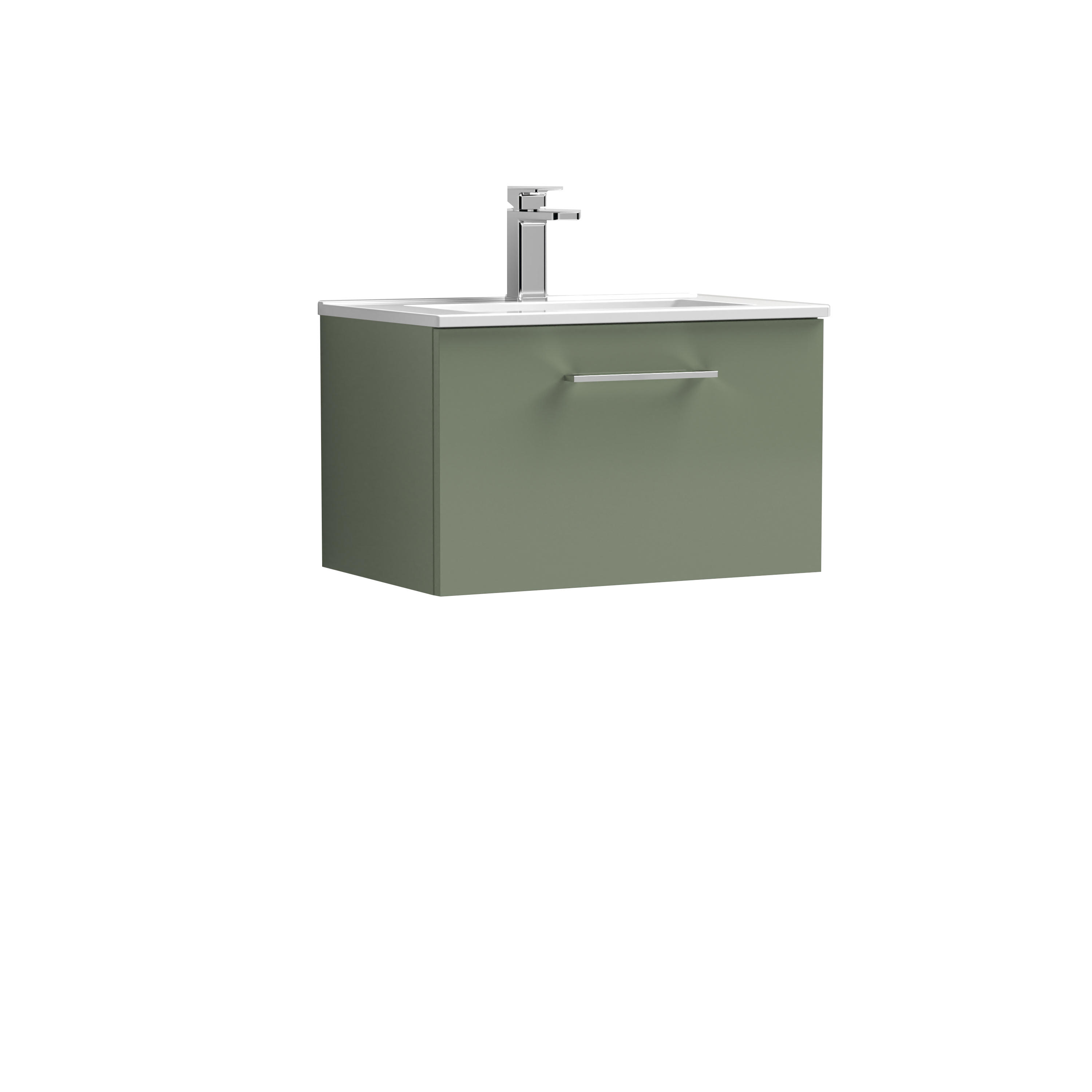 Nuie Arno Satin Green 600mm Wall Hung 1 Drawer Vanity Unit and Minimalist Basin ARN822B