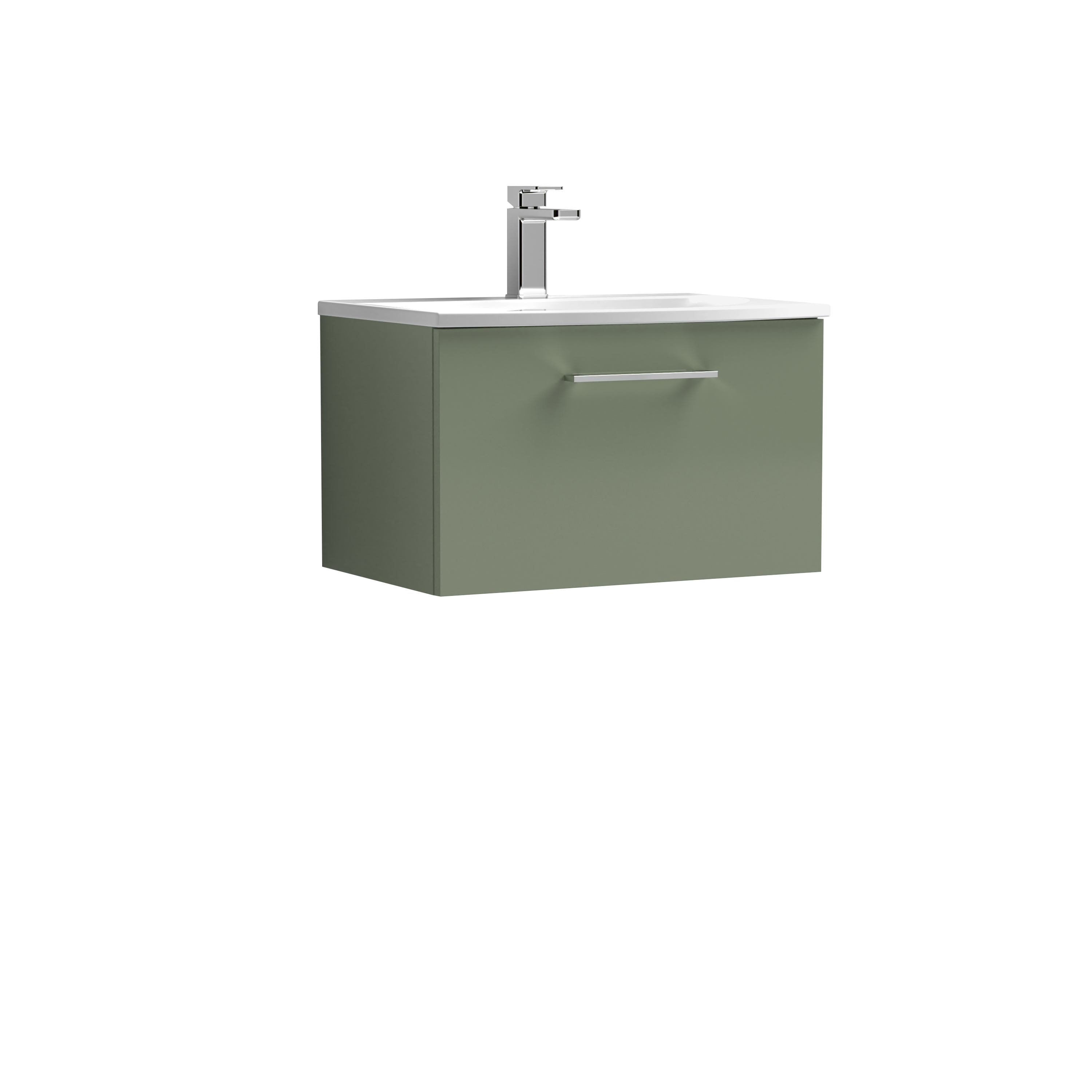 Nuie Arno Satin Green 600mm Wall Hung 1 Drawer Vanity Unit and Curved Basin ARN822G