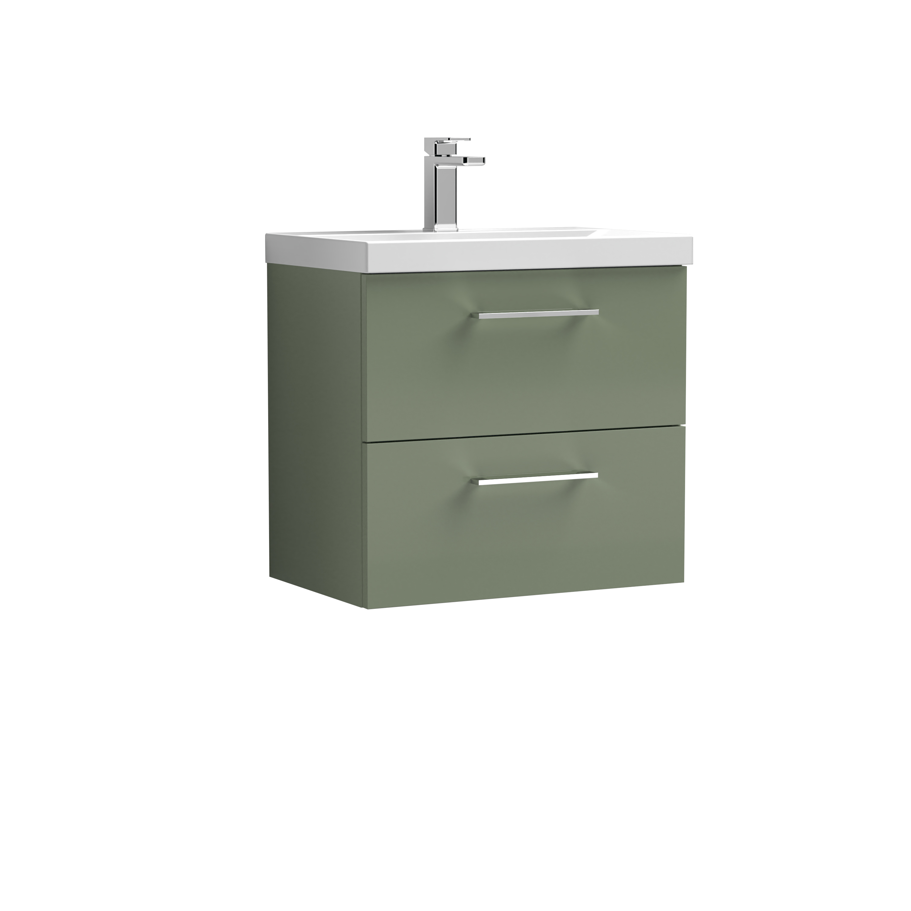 Nuie Arno Satin Green 600mm Wall Hung 2 Drawer Vanity Unit and Mid Edge Basin ARN824A