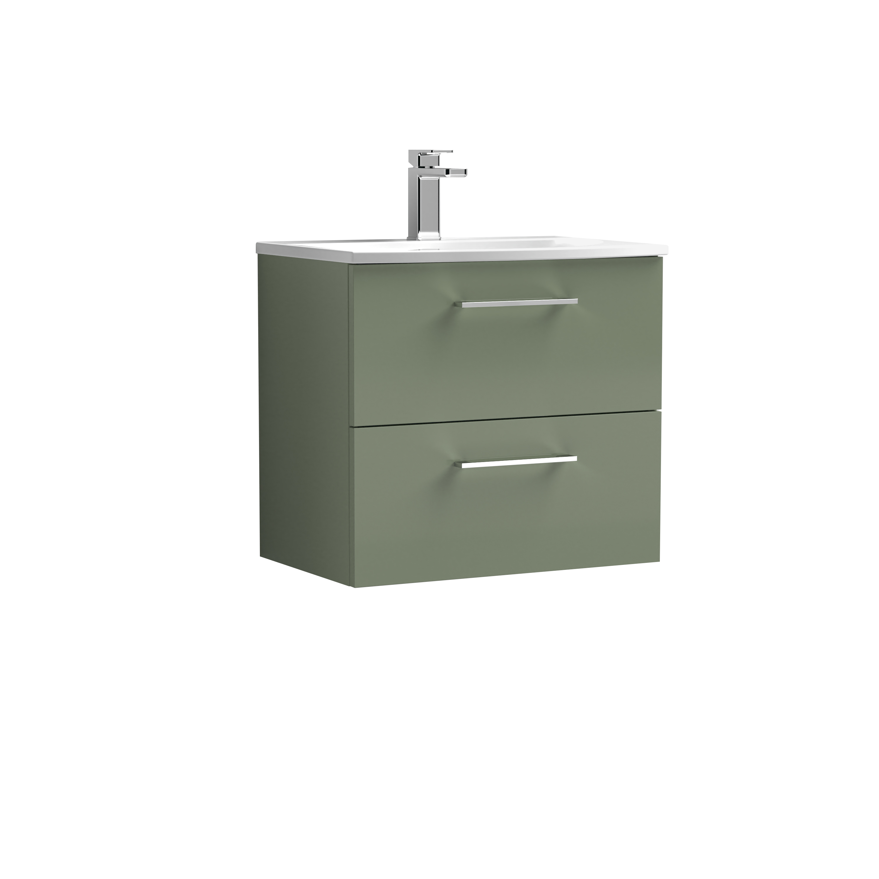 Nuie Arno Satin Green 600mm Wall Hung 2 Drawer Vanity Unit and Curved Basin ARN824G