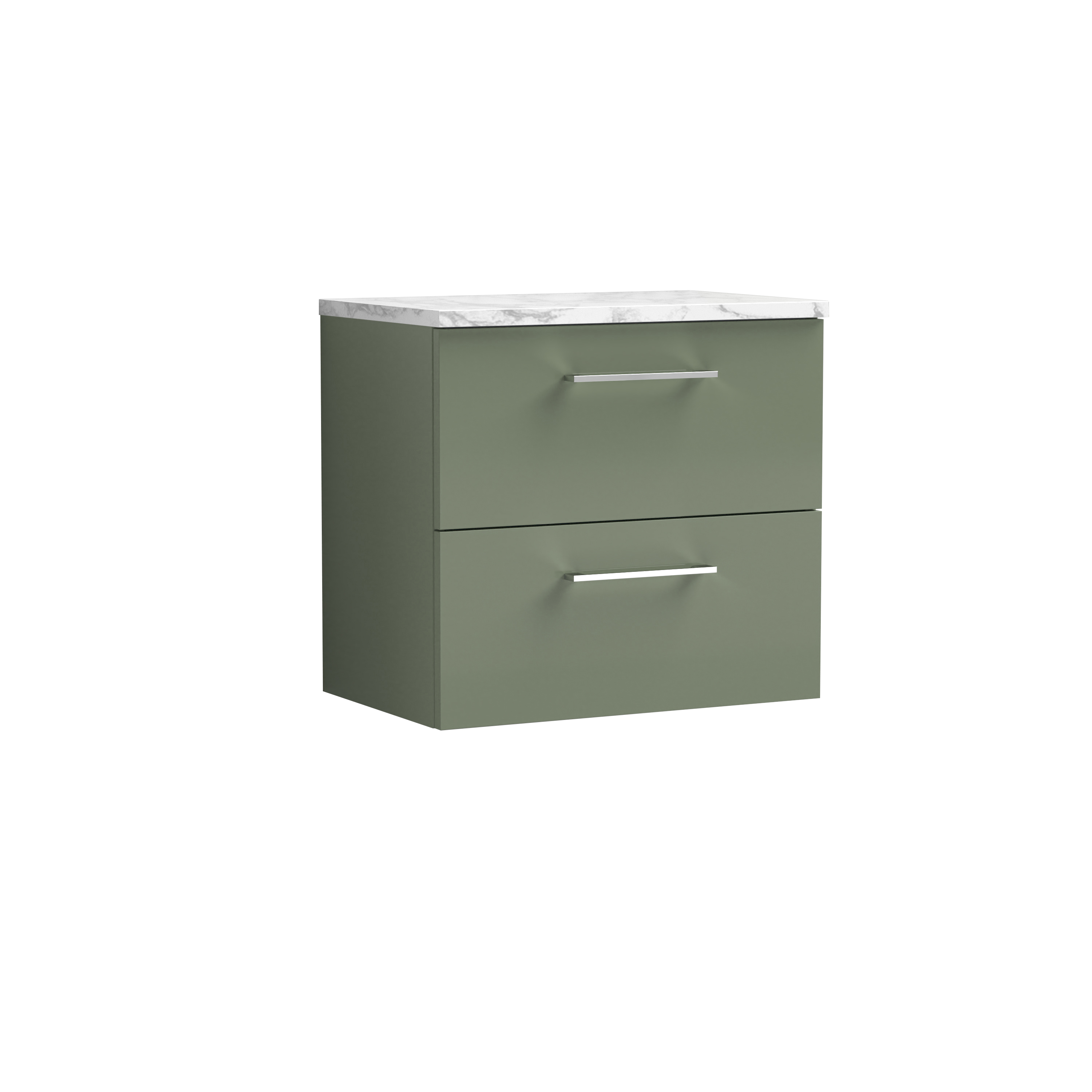 Nuie Arno Satin Green 600mm Wall Hung 2 Drawer Vanity Unit and Laminate Worktop ARN824LCM