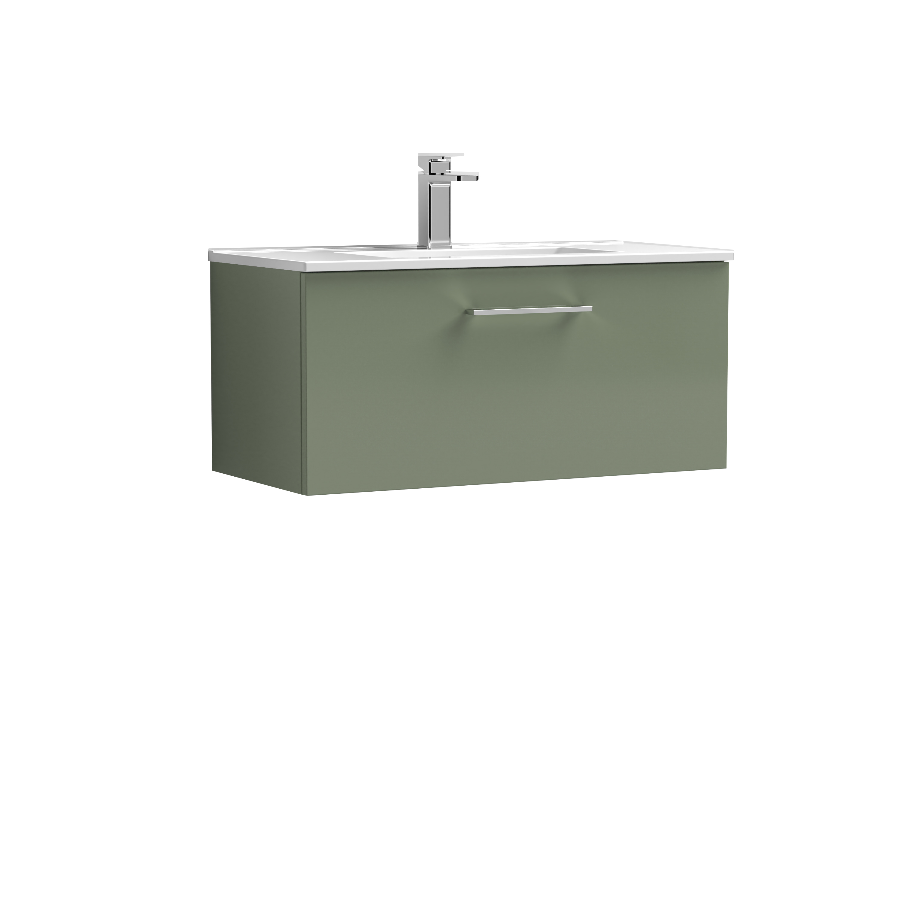 Nuie Arno Satin Green 800mm Wall Hung 1 Drawer Vanity Unit and Minimalist Basin ARN825B