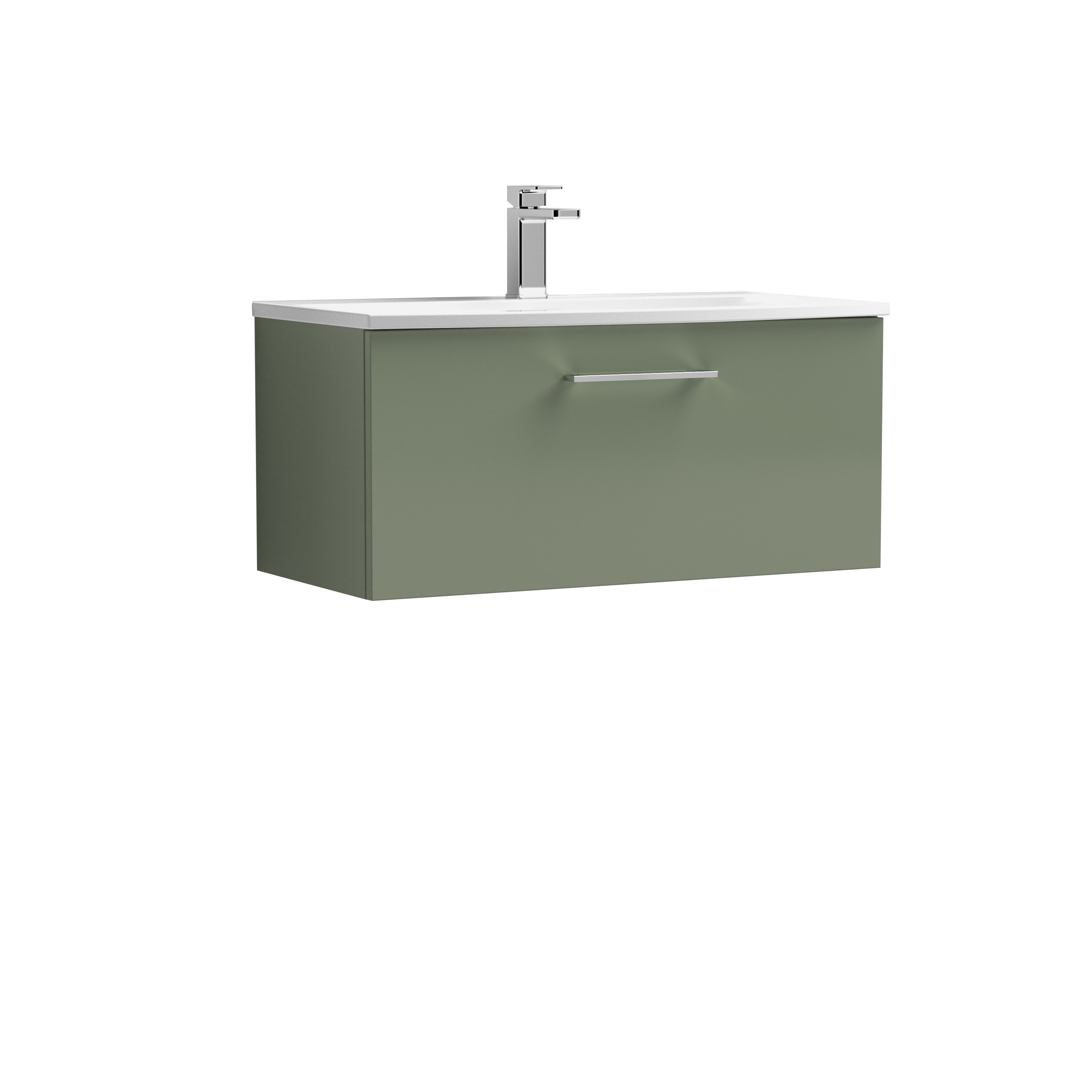 Nuie Arno Satin Green 800mm Wall Hung 1 Drawer Vanity Unit and Curved Basin ARN825G