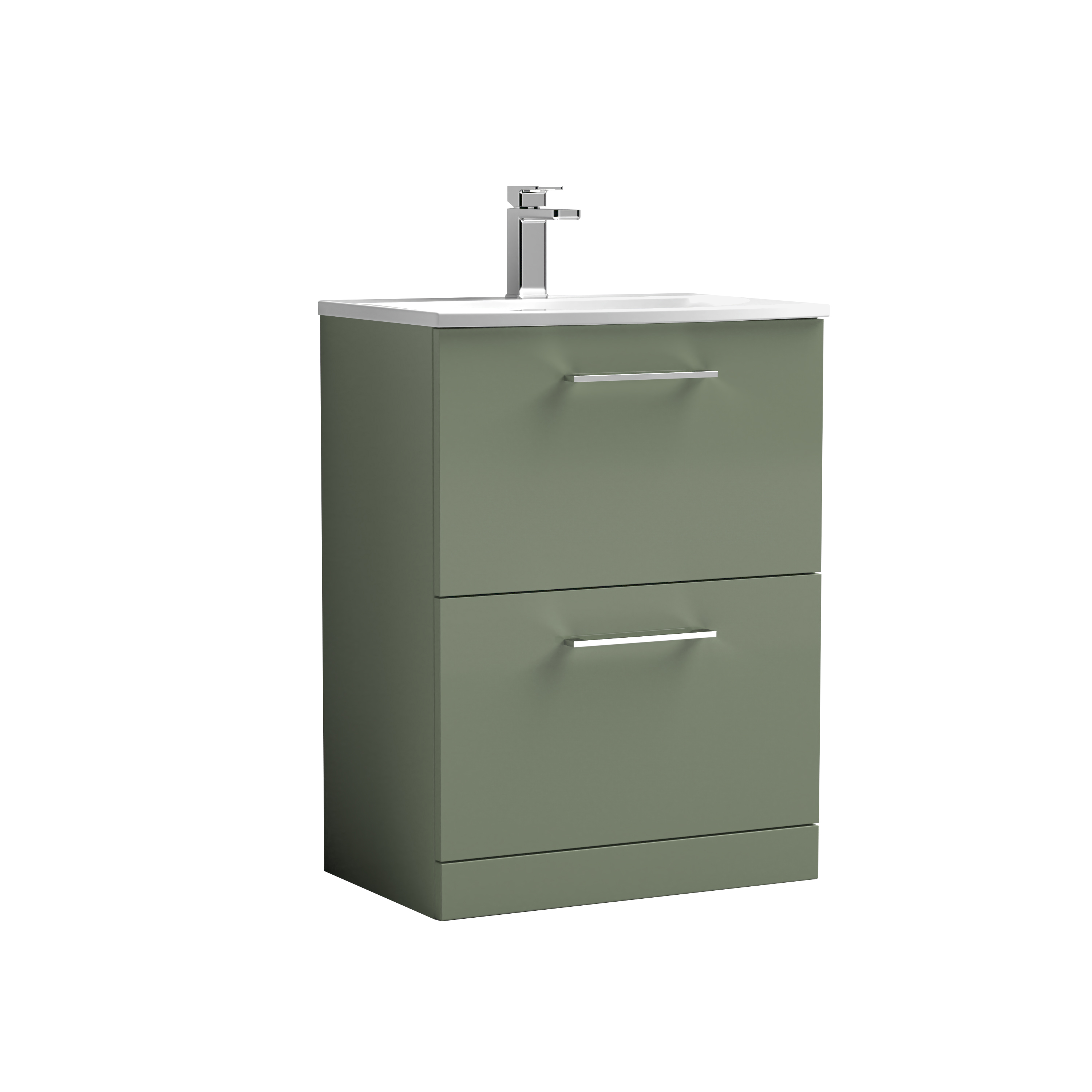Nuie Arno Satin Green 600mm Floor Standing 2 Drawer Vanity Unit and Curved Basin ARN833G