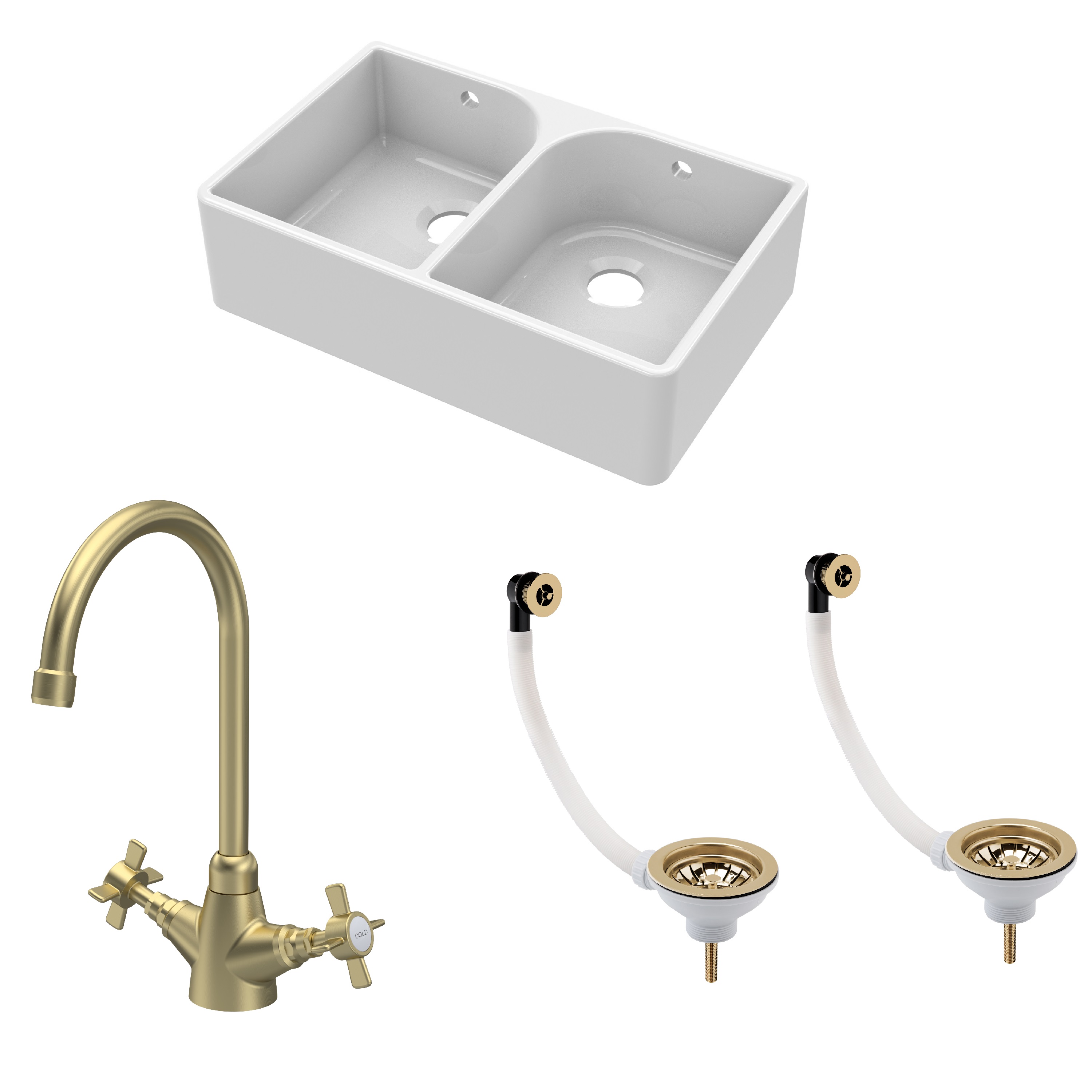 Double Bowl Fireclay Ceramic Butler Kitchen Sink - Full Weir, Overflows & Wastes