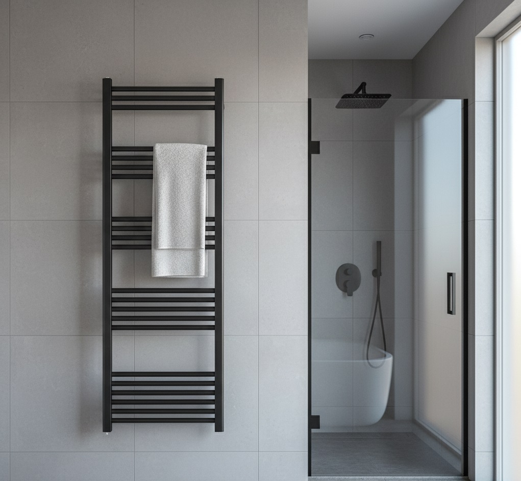 Black Heated Towel Rail in Bathroom