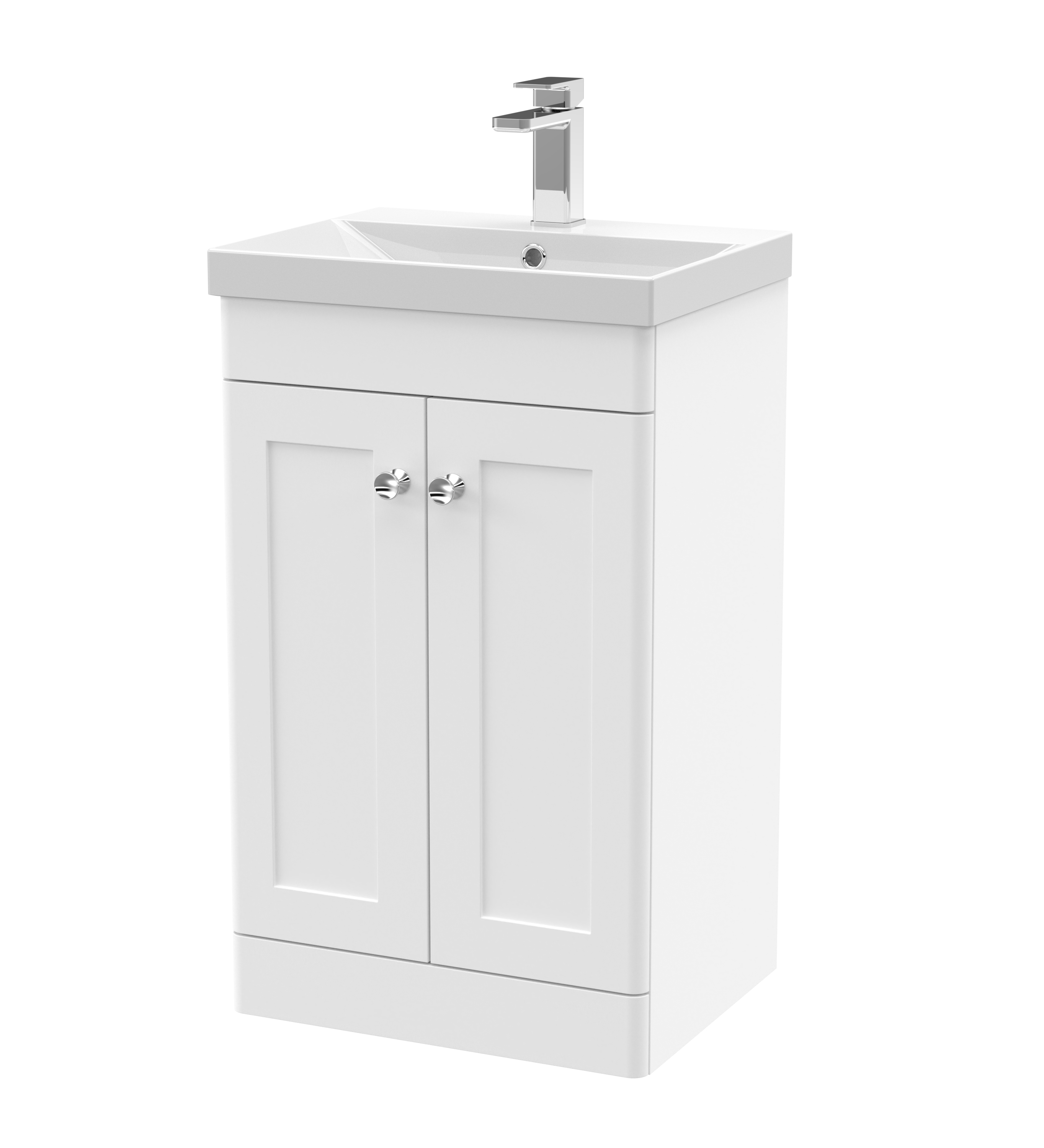 Nuie Classique Satin White 500mm Floor Standing 2 Door Vanity Unit and Thin Edge Basin CLC123E