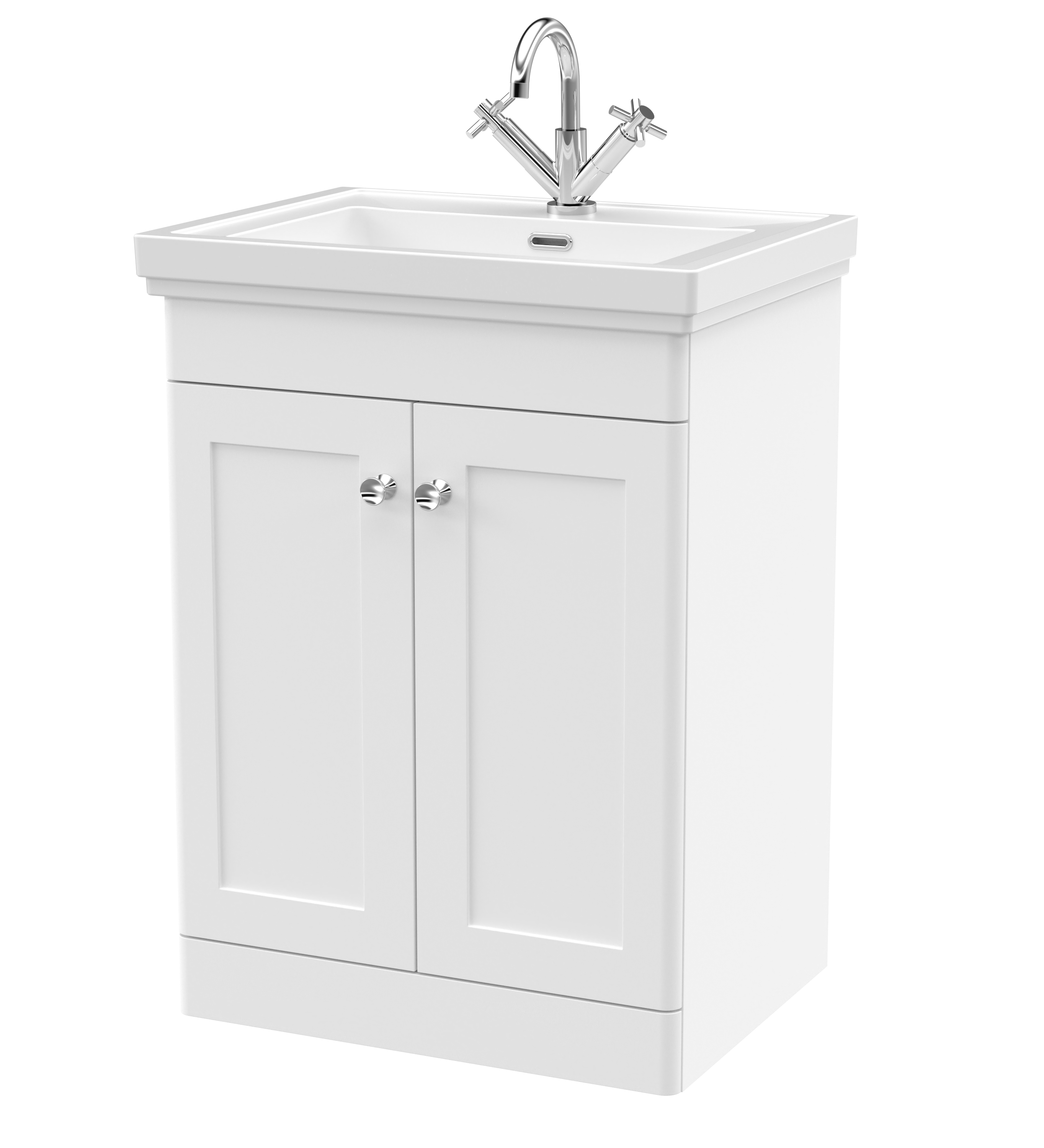 Nuie Classique Satin White 600mm Floor Standing 2 Door Vanity Unit and Basin 1TH CLC125A