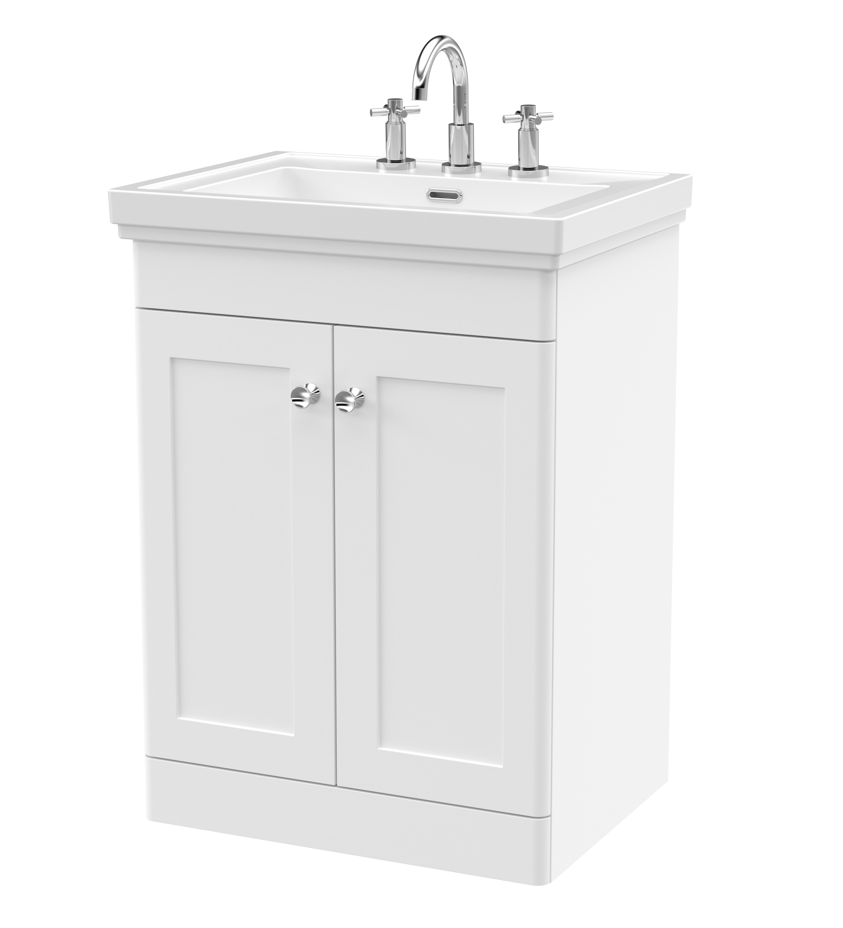 Nuie Classique Satin White 600mm Floor Standing 2 Door Vanity Unit and Basin 3TH CLC125B