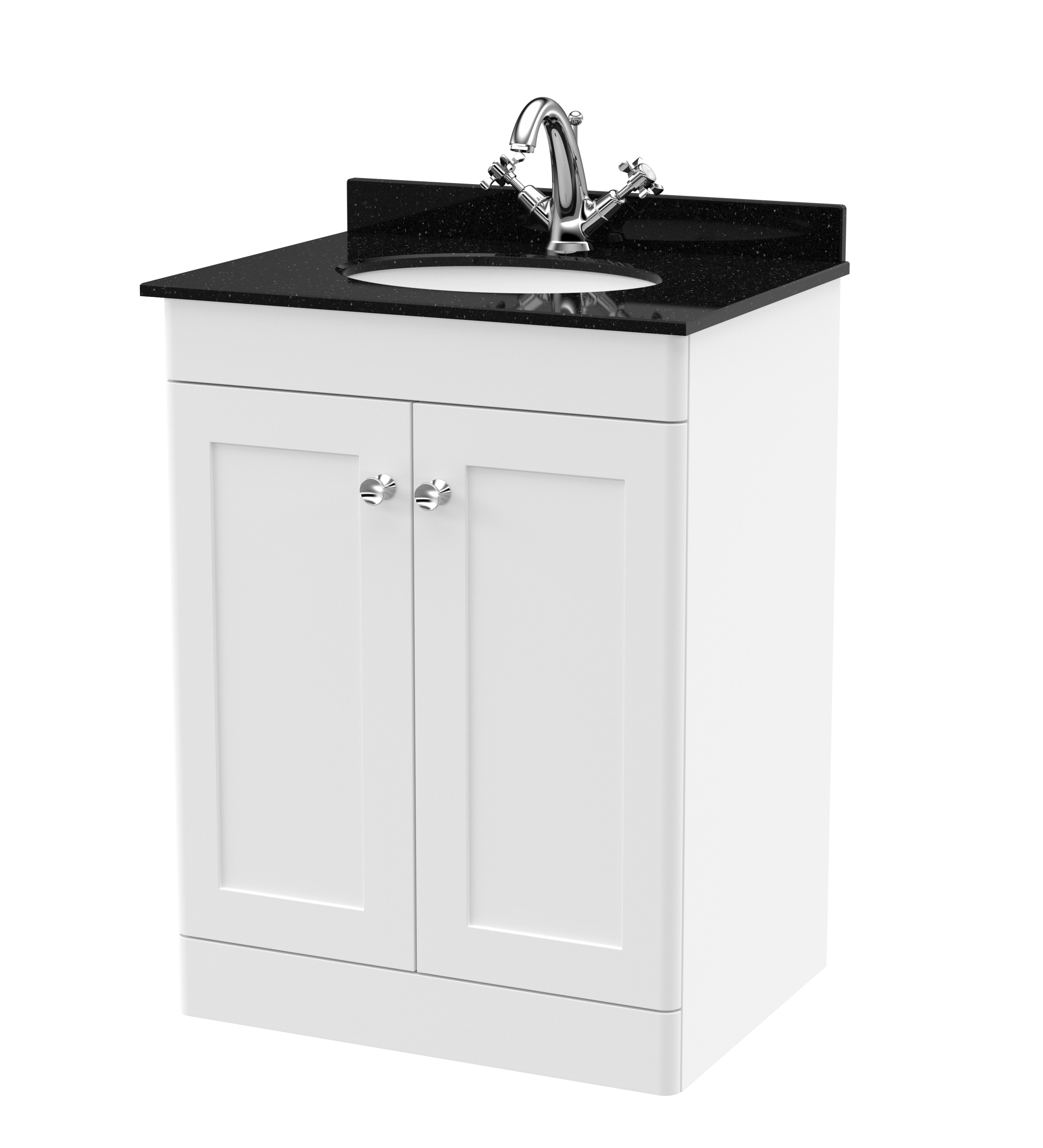 Nuie Classique Satin White 600mm Floor Standing 2 Door Vanity Unit and Marble Top 1TH CLC125BR1
