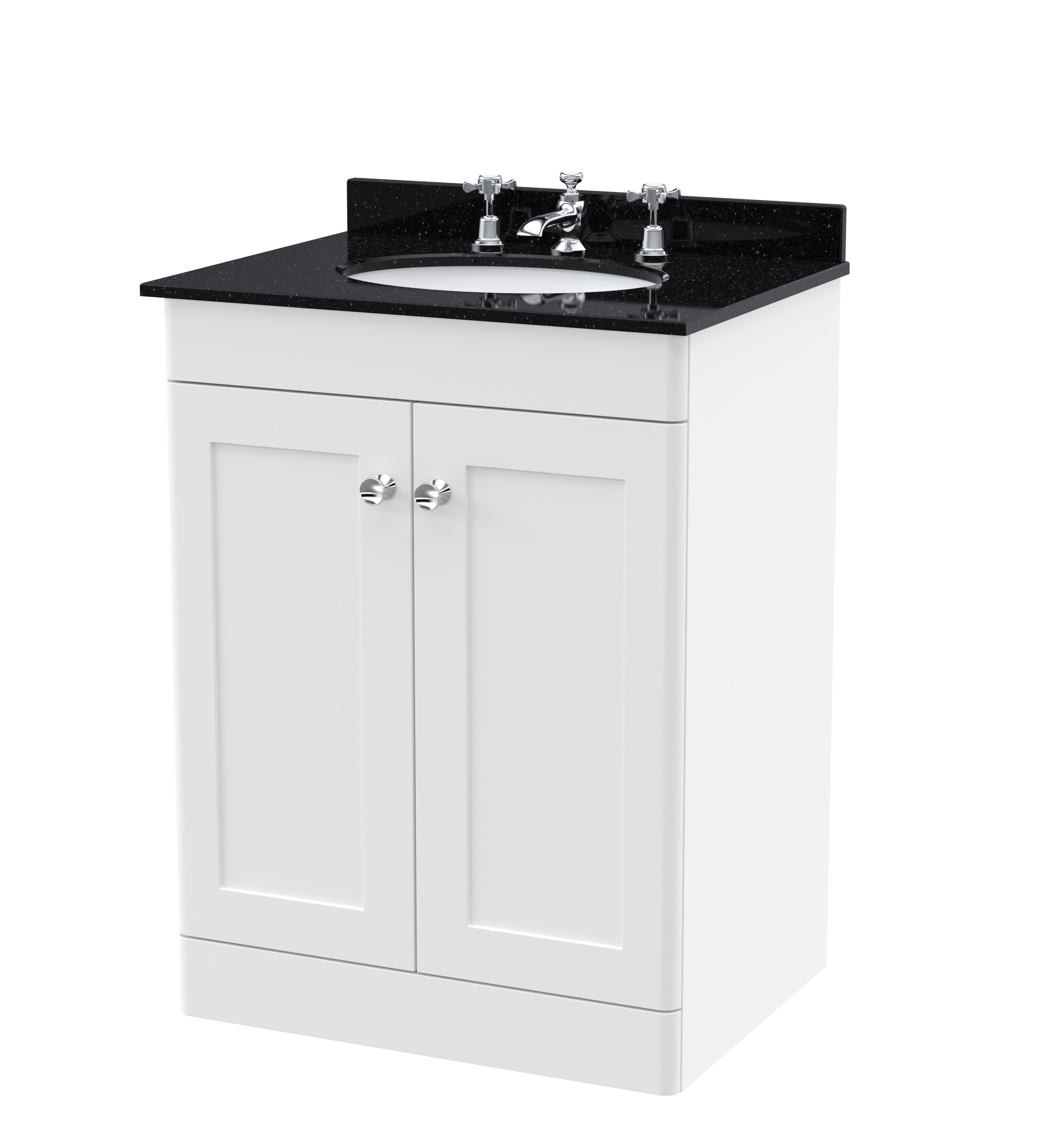 Nuie Classique Satin White 600mm Floor Standing 2 Door Vanity Unit and Marble Top 3TH CLC125BR3