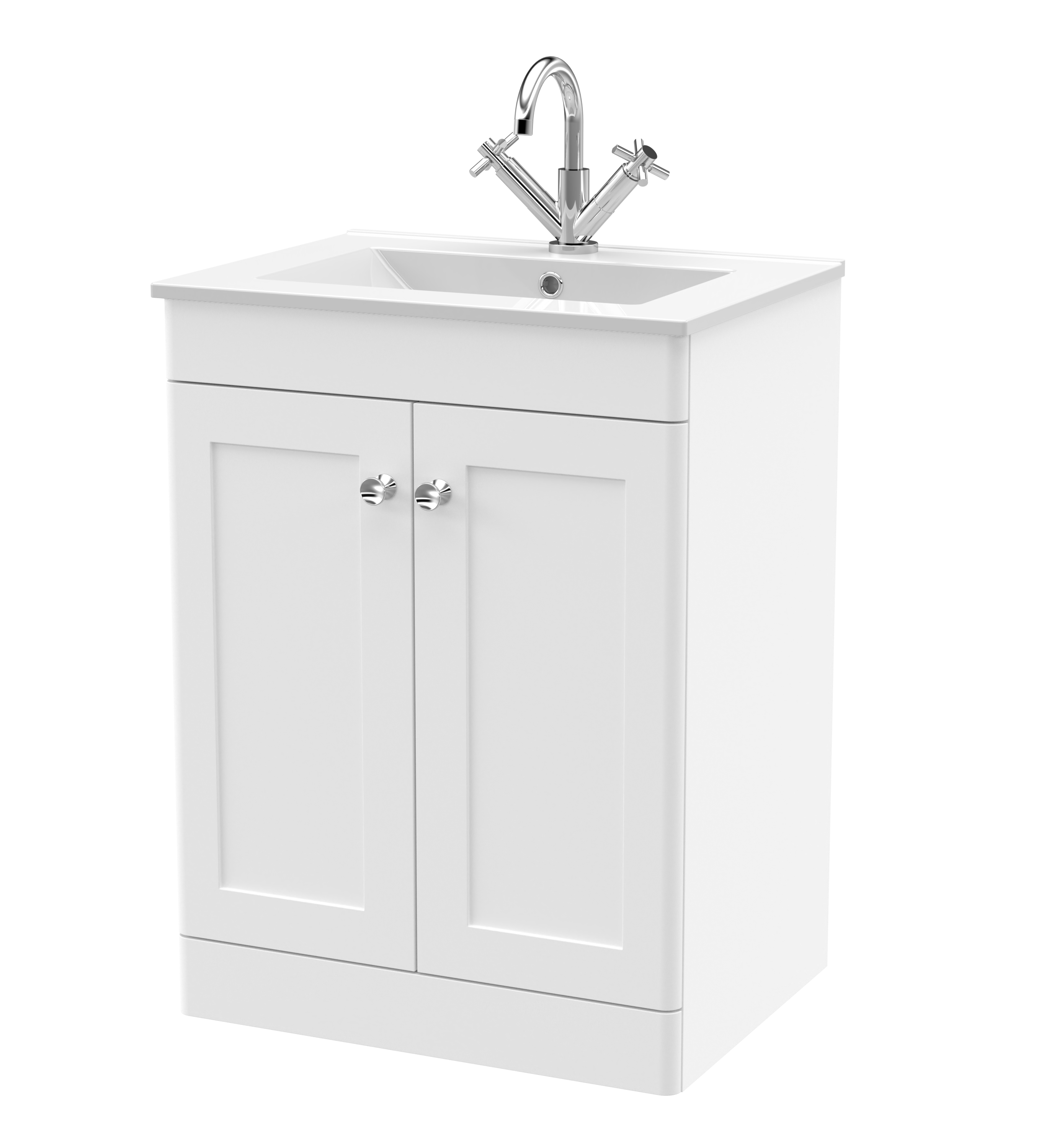Nuie Classique Satin White 600mm Floor Standing 2 Door Vanity Unit with Basin 1 Tap Hole CLC125C