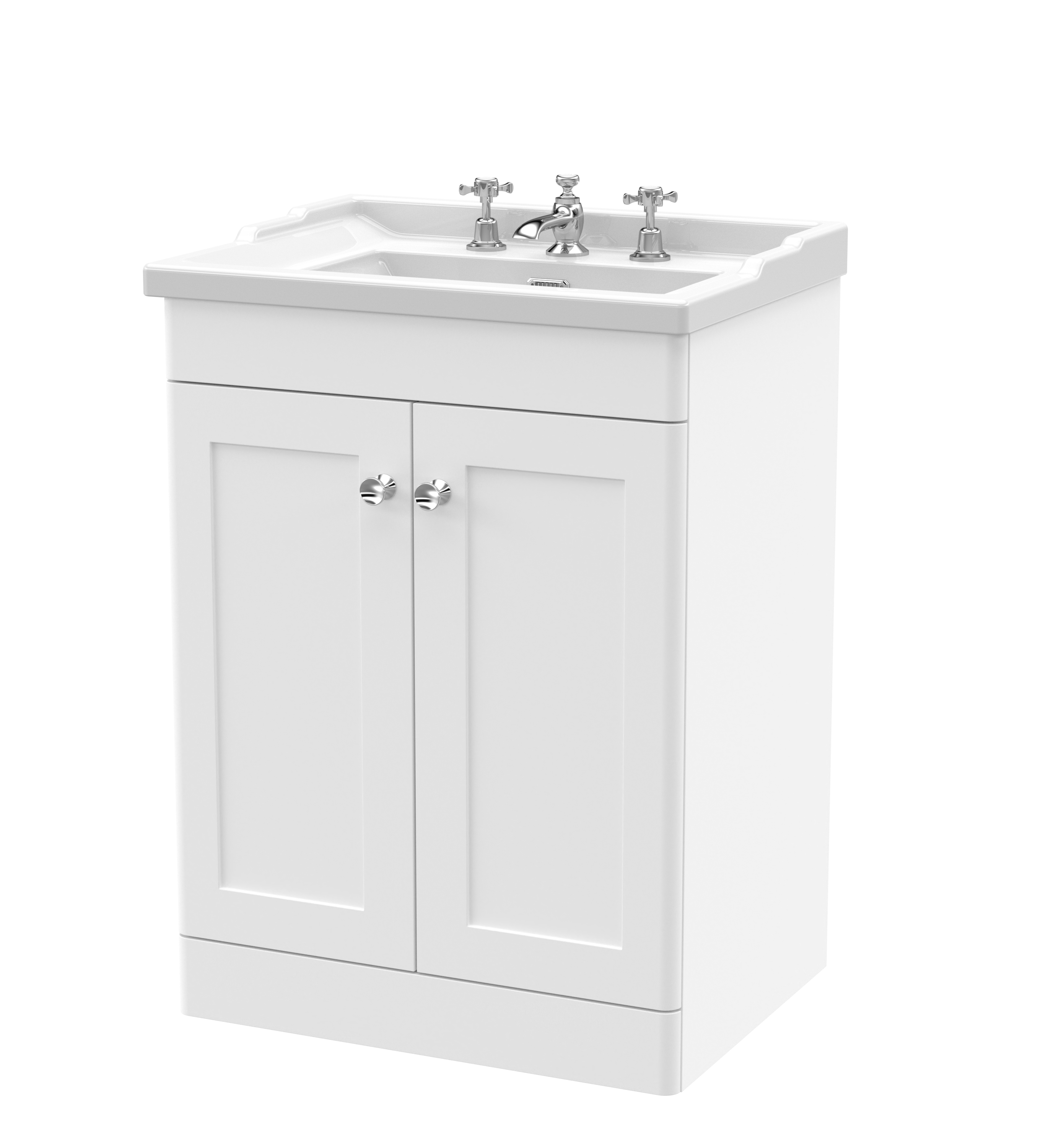 Nuie Classique Satin White 600mm Floor Standing 2 Door Vanity Unit and Basin 3TH CLC125G
