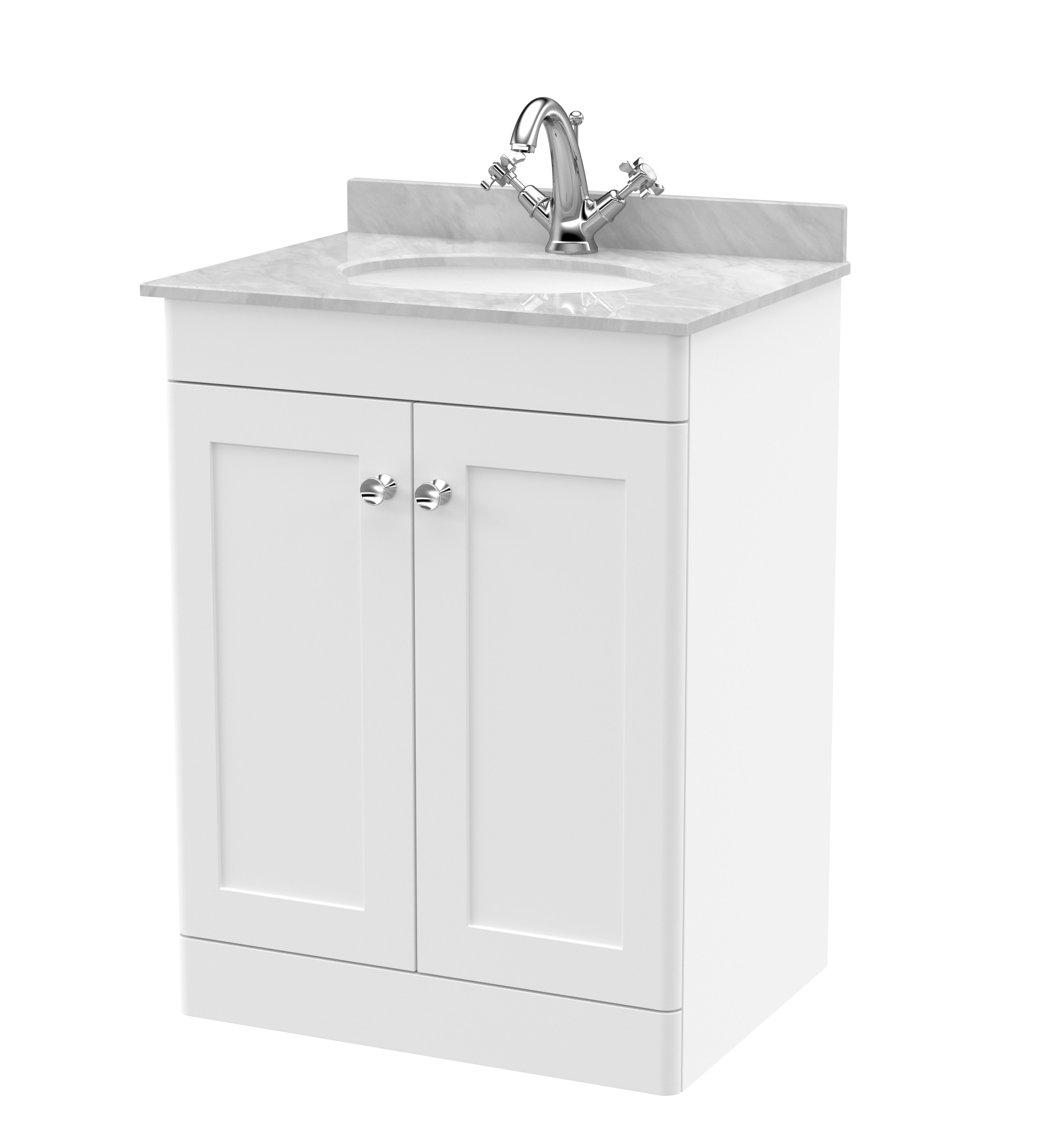 Nuie Classique Satin White 600mm Floor Standing 2 Door Vanity Unit and Marble Top 1TH CLC125GR1