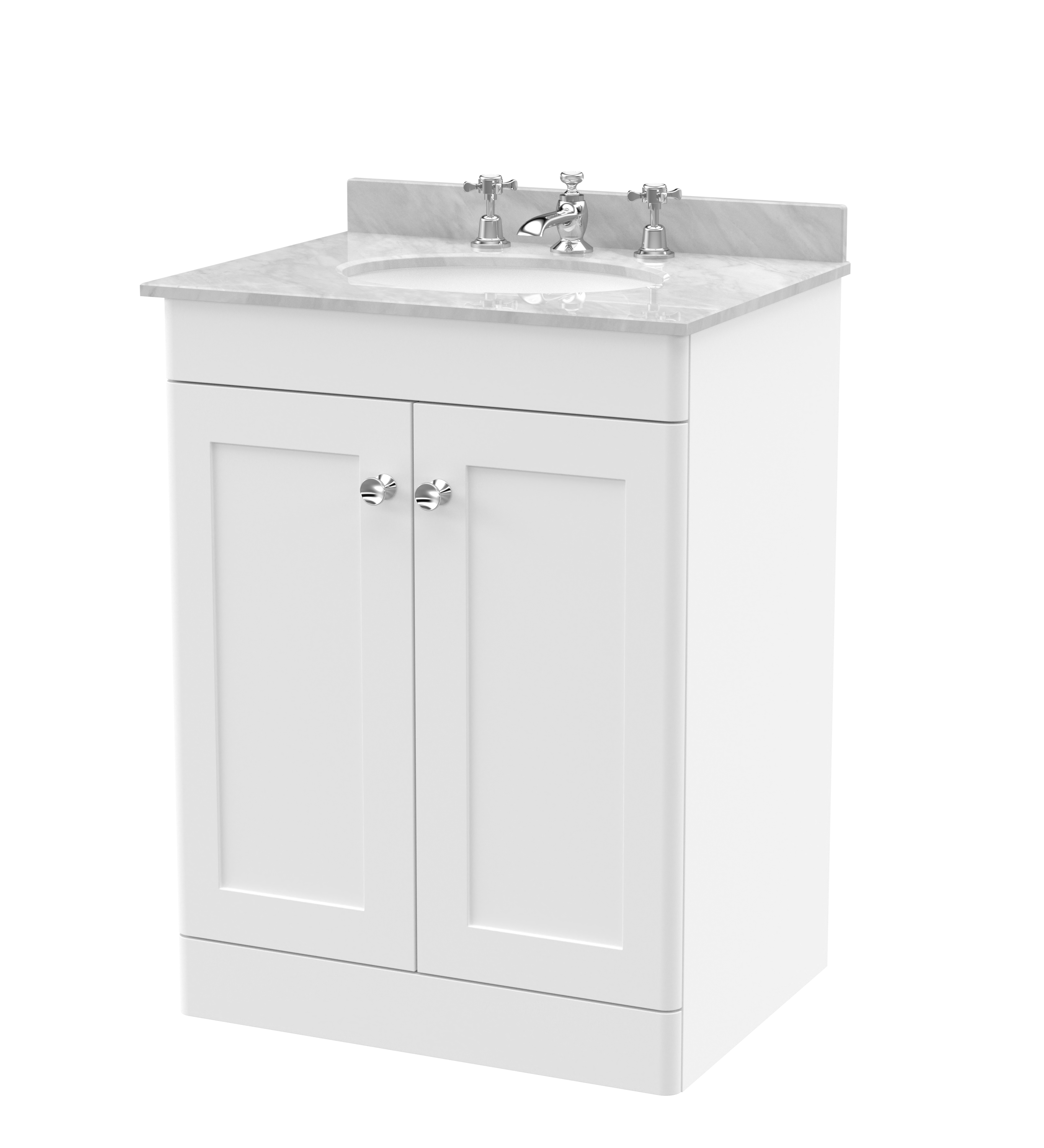 Nuie Classique Satin White 600mm Floor Standing 2 Door Vanity Unit and Marble Top 3TH CLC125GR3