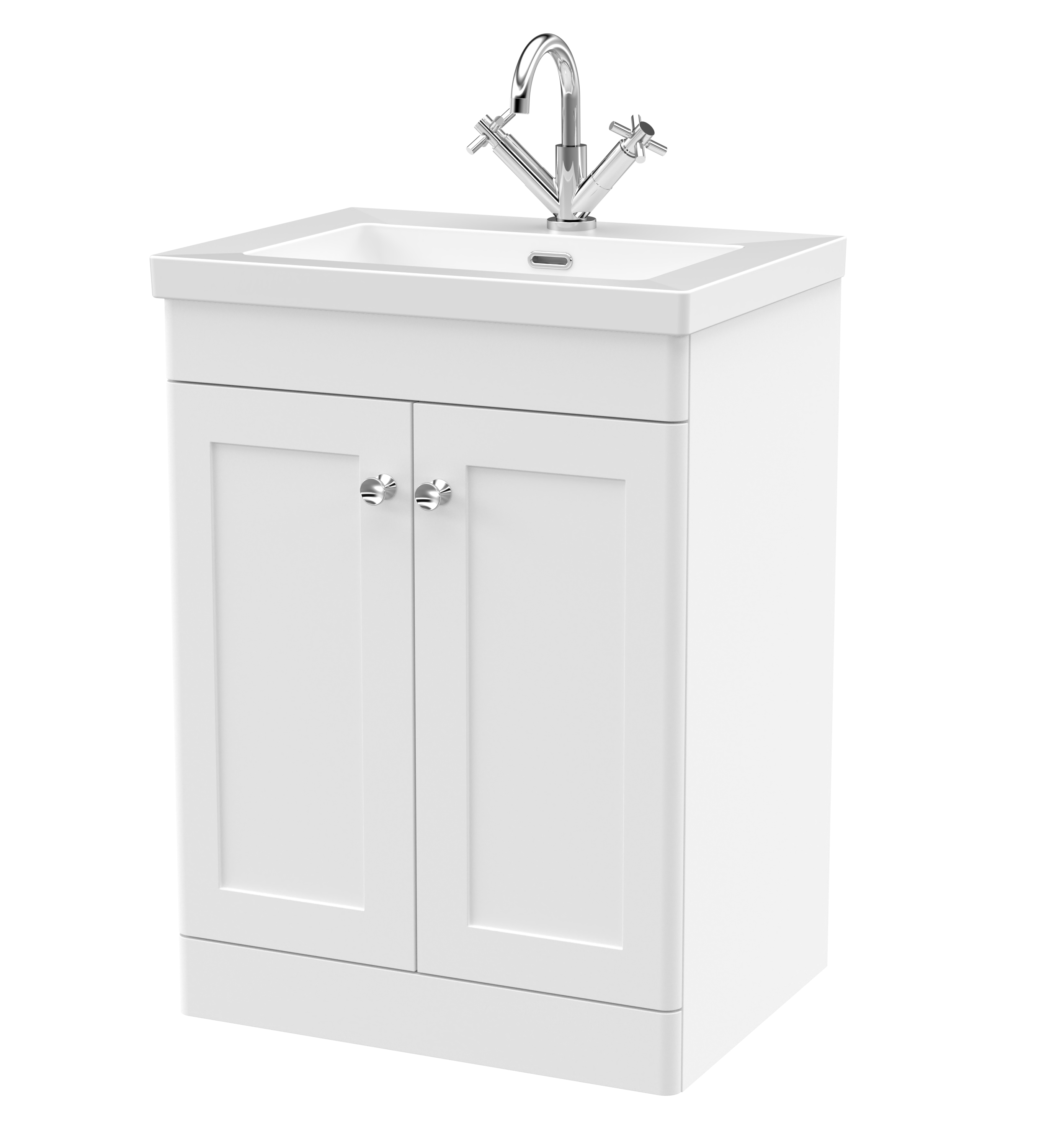 Nuie Classique Satin White 600mm Floor Standing 2 Door Vanity Unit with Basin 1 Tap Hole CLC125L