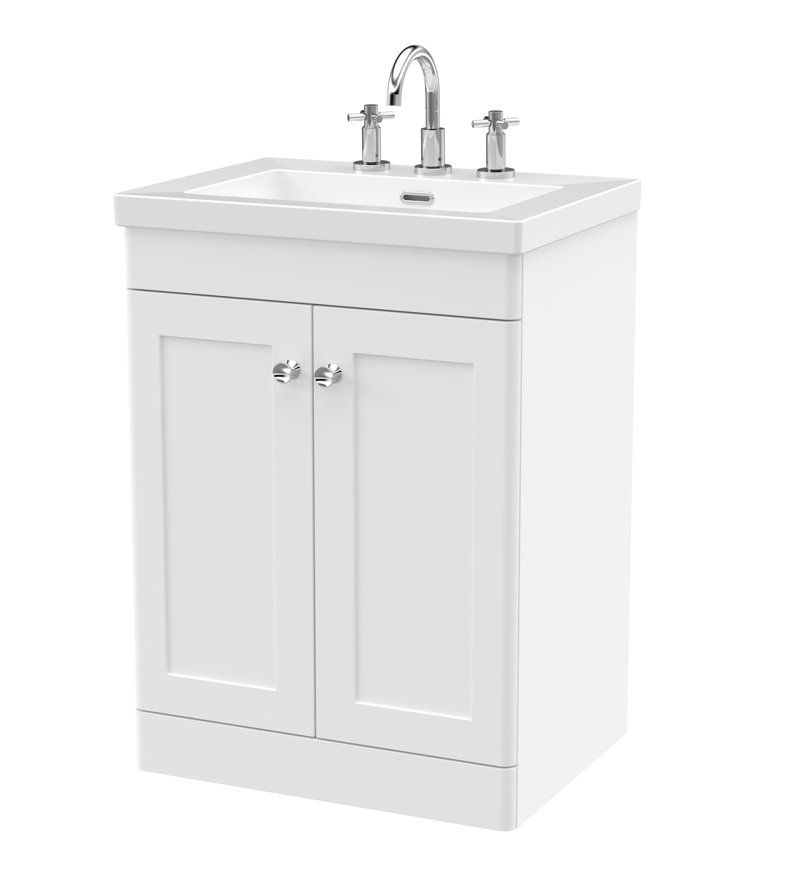 Nuie Classique Satin White 600mm Floor Standing 2 Door Vanity Unit with Basin 3 Tap Hole CLC125M