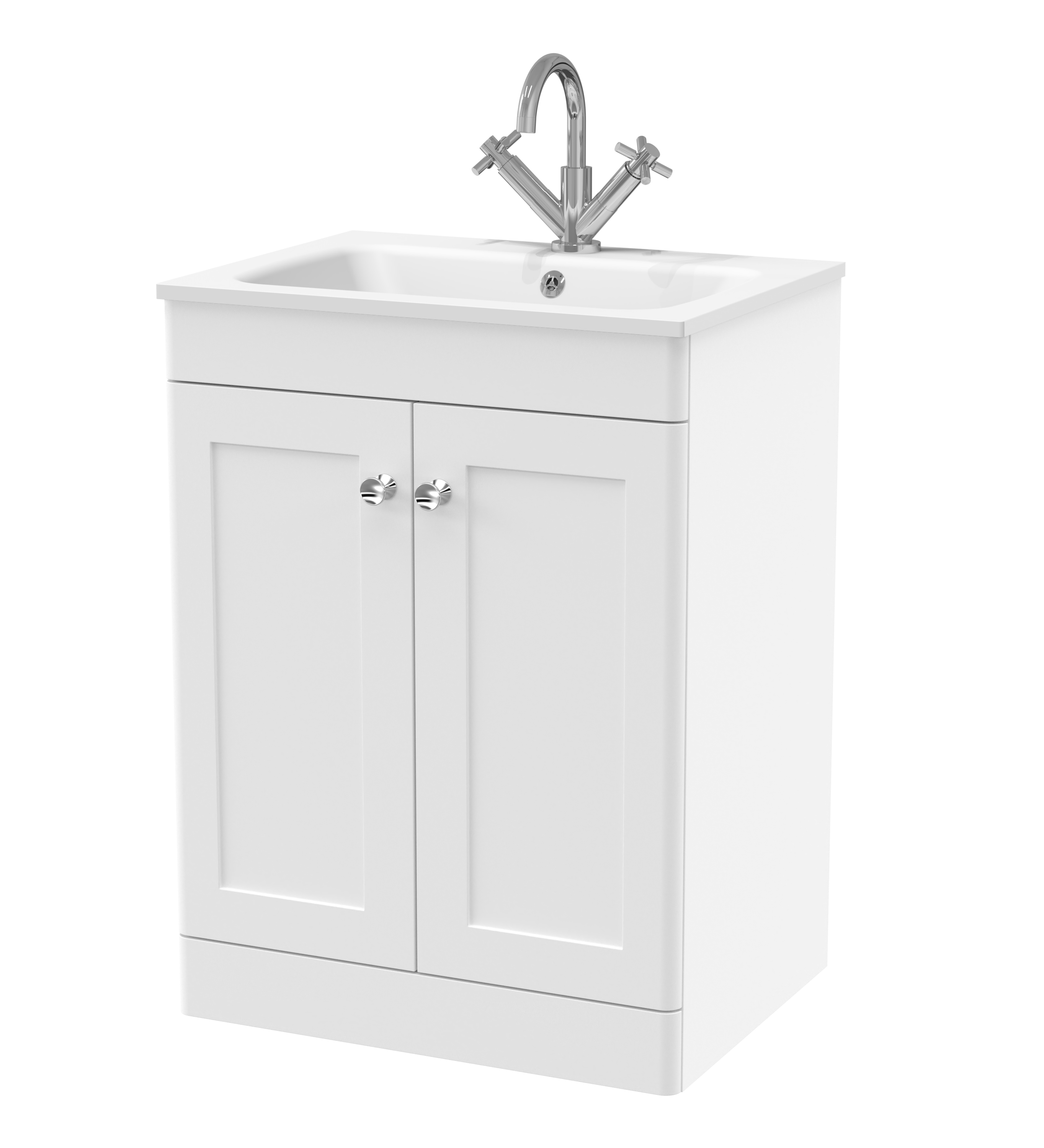 Nuie Classique Satin White 600mm Floor Standing 2 Door Unit and Stone Basin 1TH CLC125P