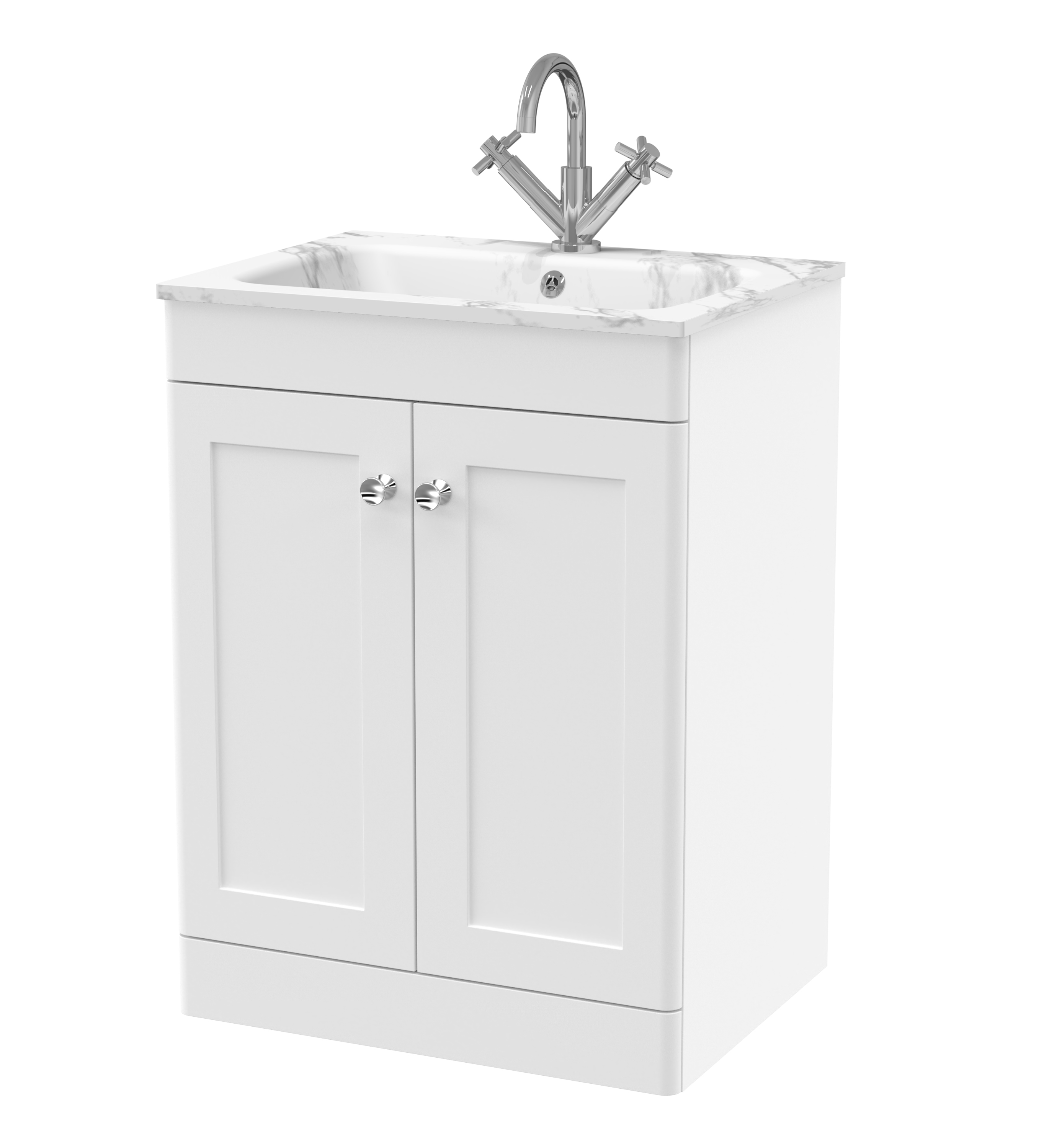 Nuie Classique Satin White 600mm Floor Standing 2 Door Unit and Stone Basin 1TH CLC125Q