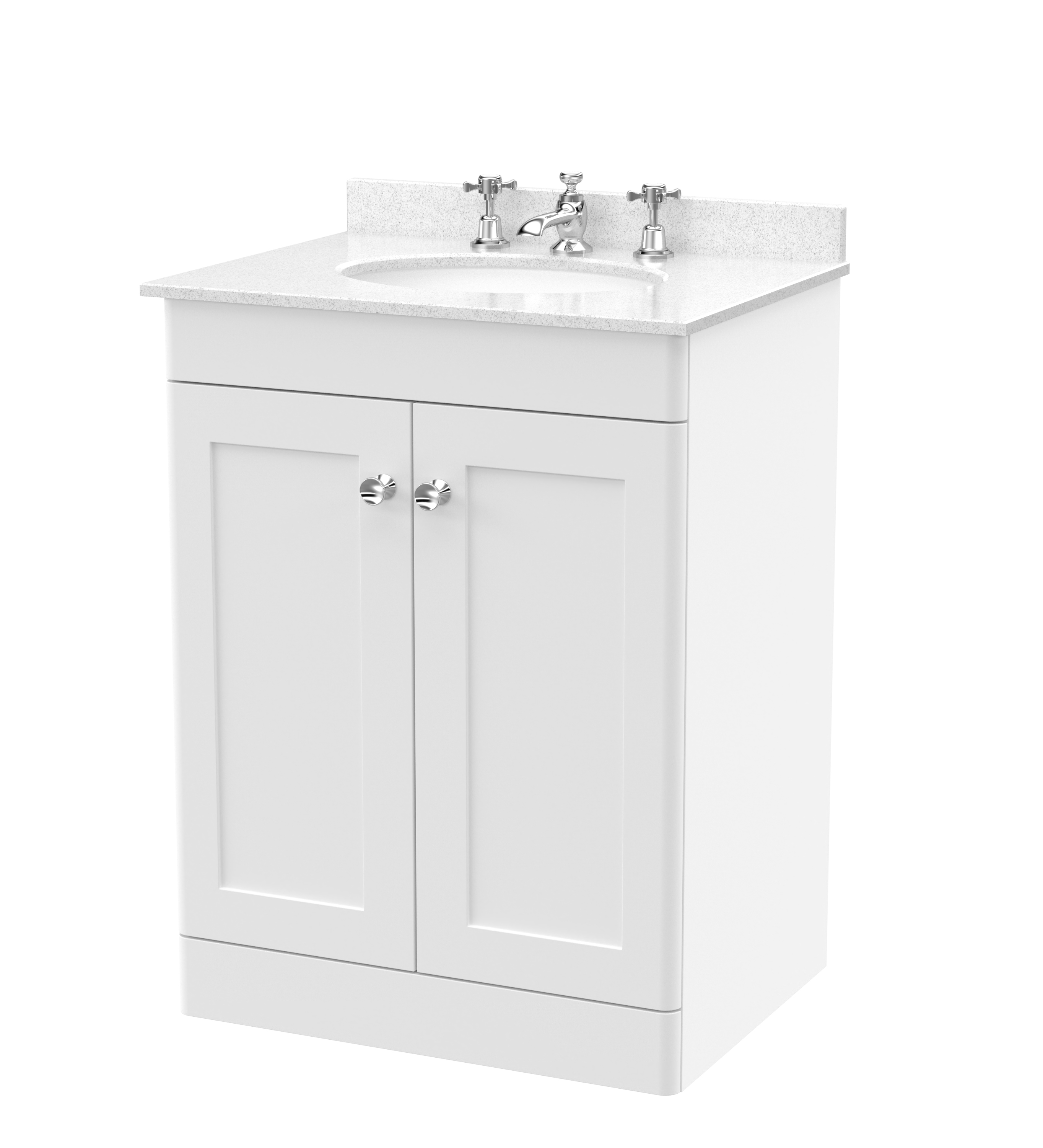 Nuie Classique Satin White 600mm Floor Standing 2 Door Vanity Unit and Marble Top 3TH CLC125WR3