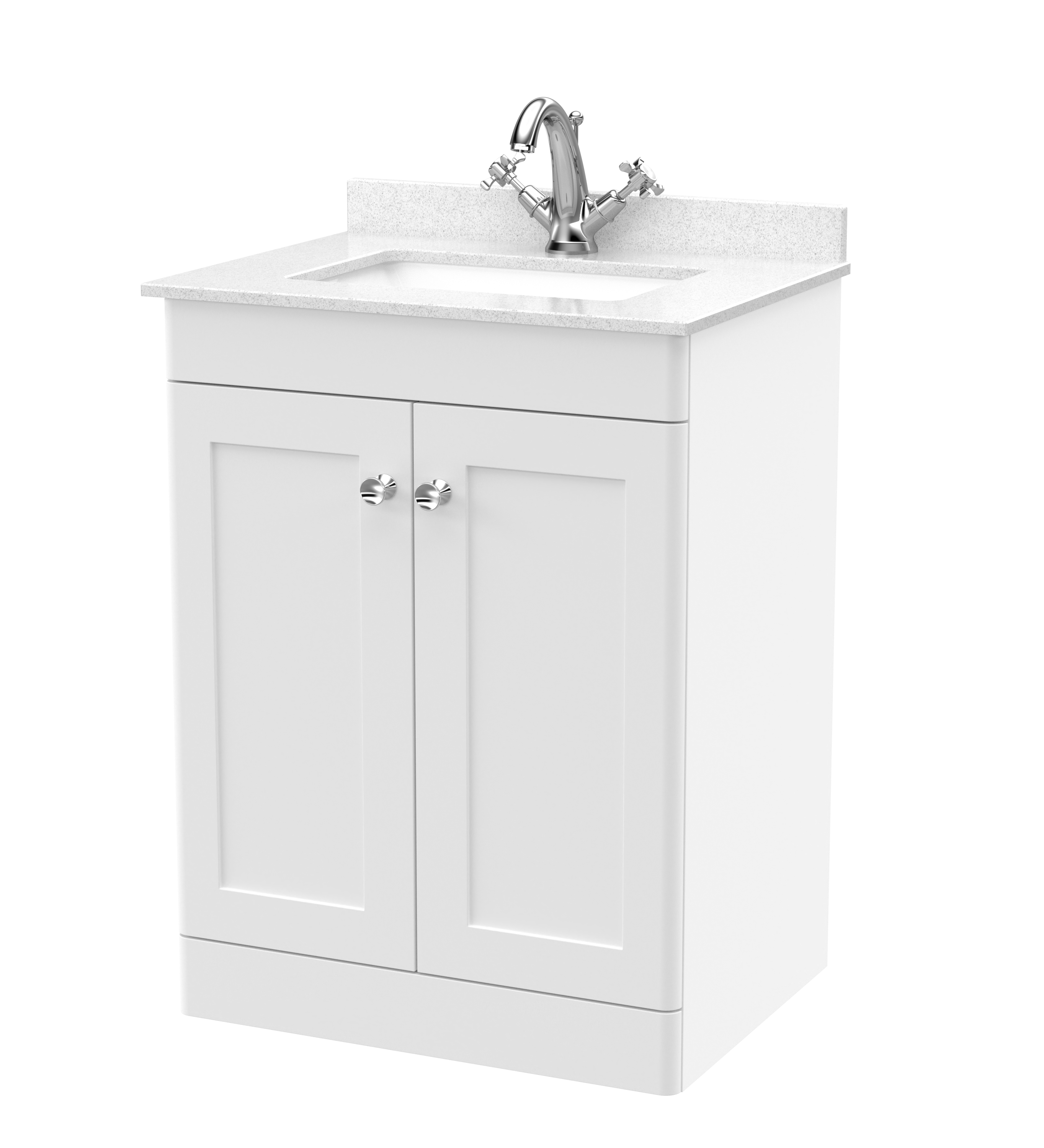 Nuie Classique Satin White 600mm Floor Standing 2 Door Vanity Unit and Marble Top 1TH CLC125WS1