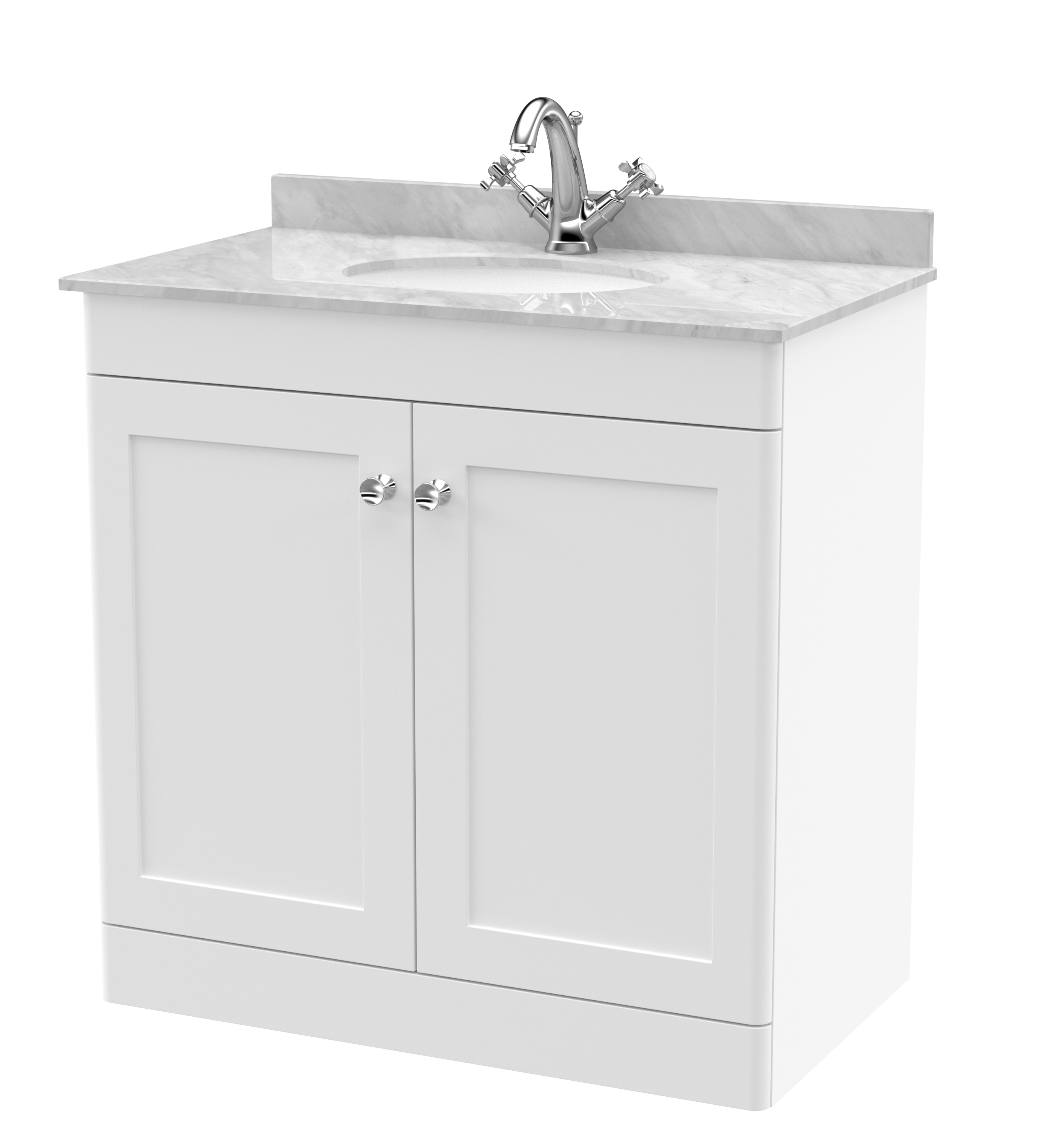Nuie Classique Satin White 800mm Floor Standing 2 Door Vanity Unit and Marble Top 1TH CLC126GR1
