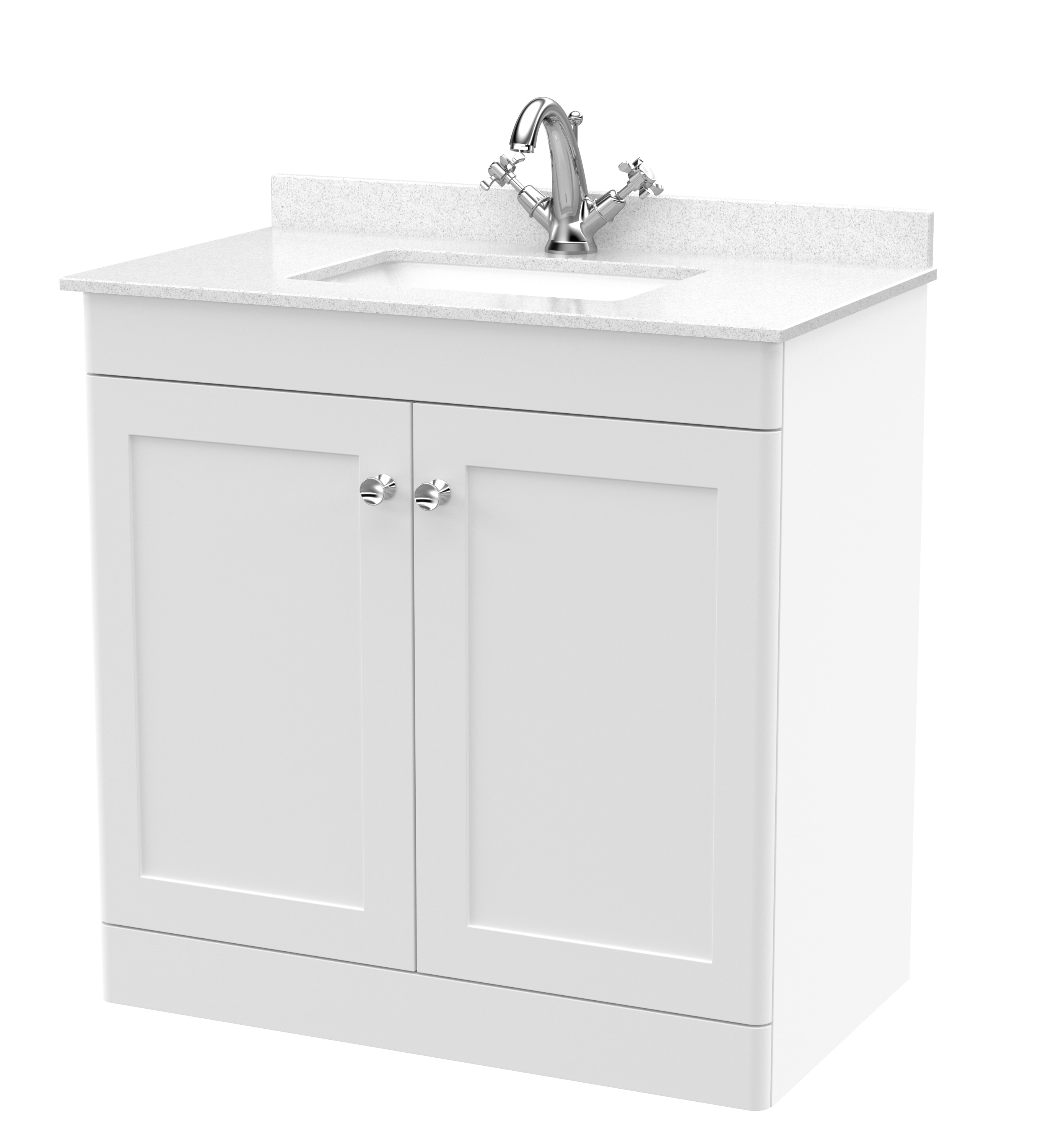 Nuie Classique Satin White 800mm Floor Standing 2 Door Vanity Unit and Marble Top 1TH CLC126WS1