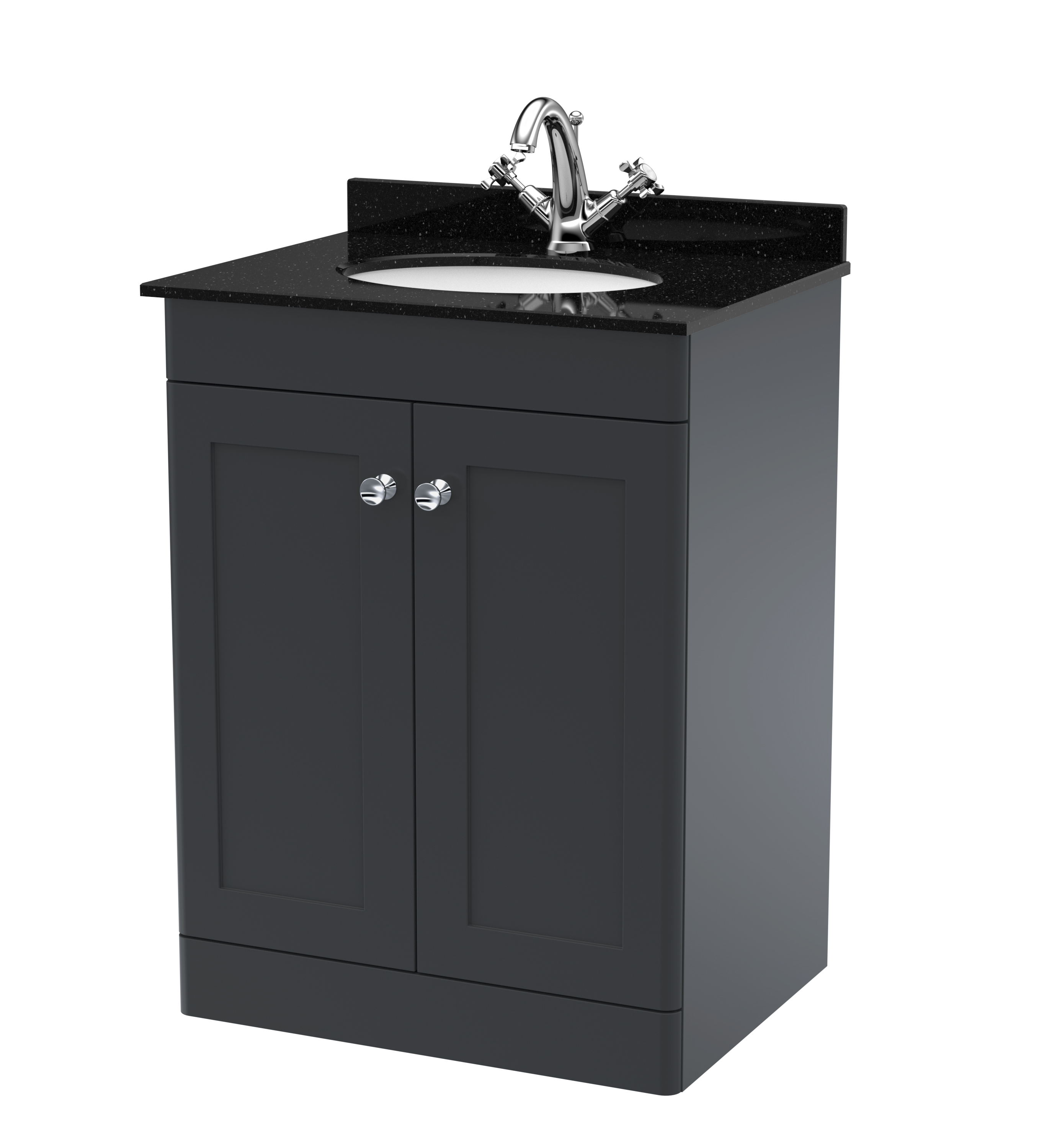 Nuie Classique Soft Black 600mm Floor Standing 2 Door Vanity Unit and Marble Top 1TH CLC1425BR1