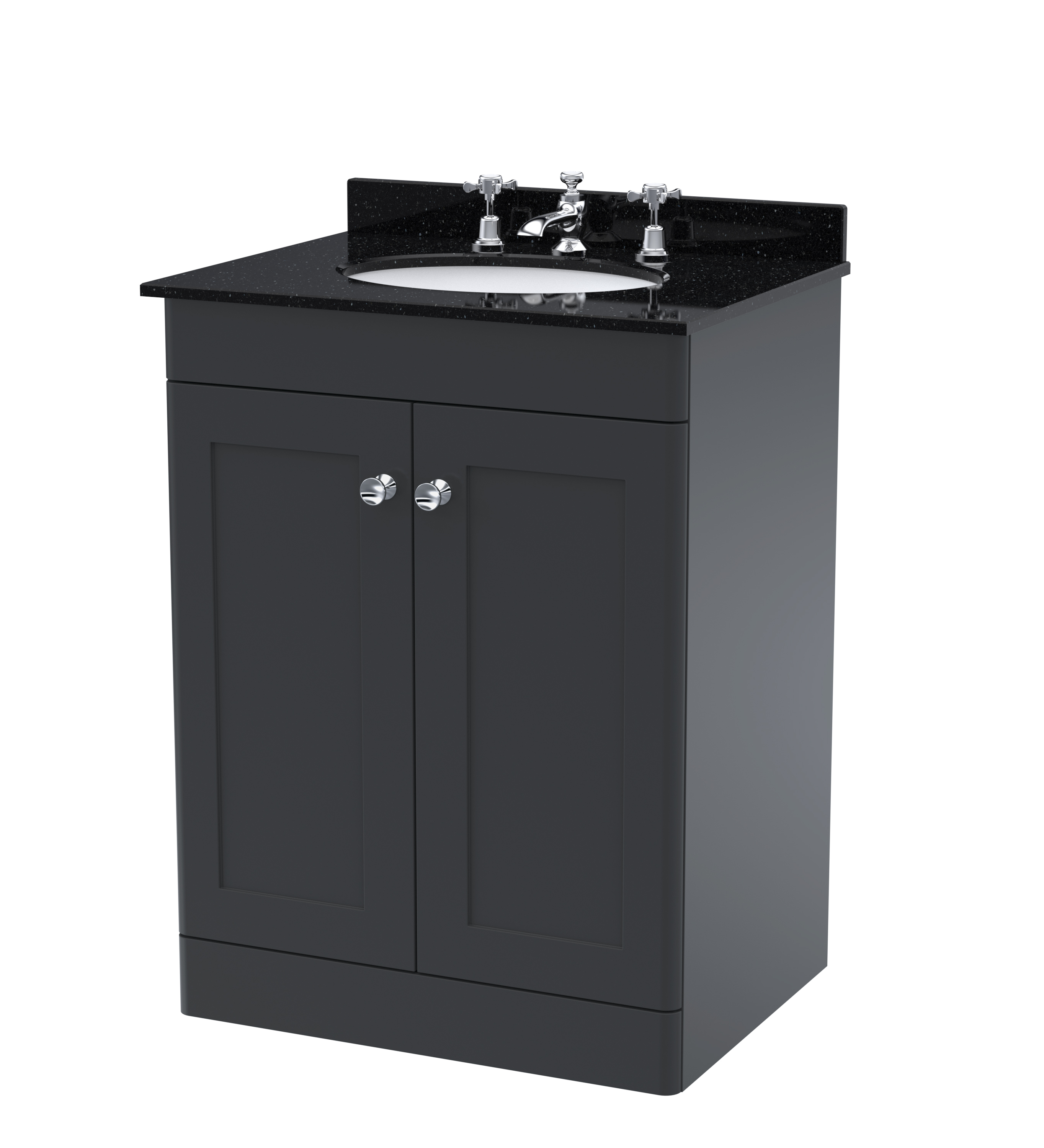 Nuie Classique Soft Black 600mm Floor Standing 2 Door Vanity Unit and Marble Top 3TH CLC1425BR3